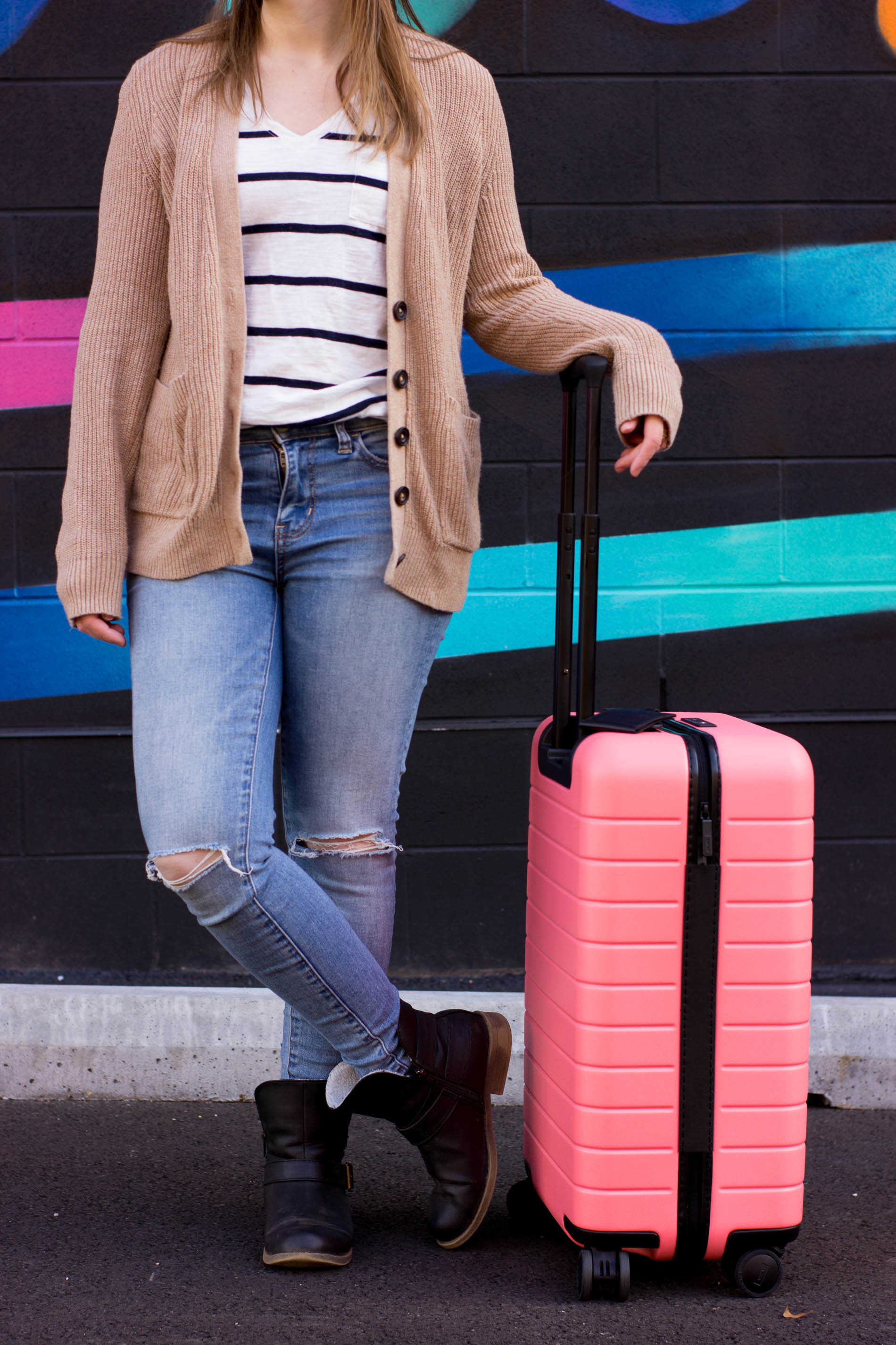The Perfect Travel Outfit | Something Good, @danaerinw , coral away suitcase, moto boots, bigger carry on, away suitcases