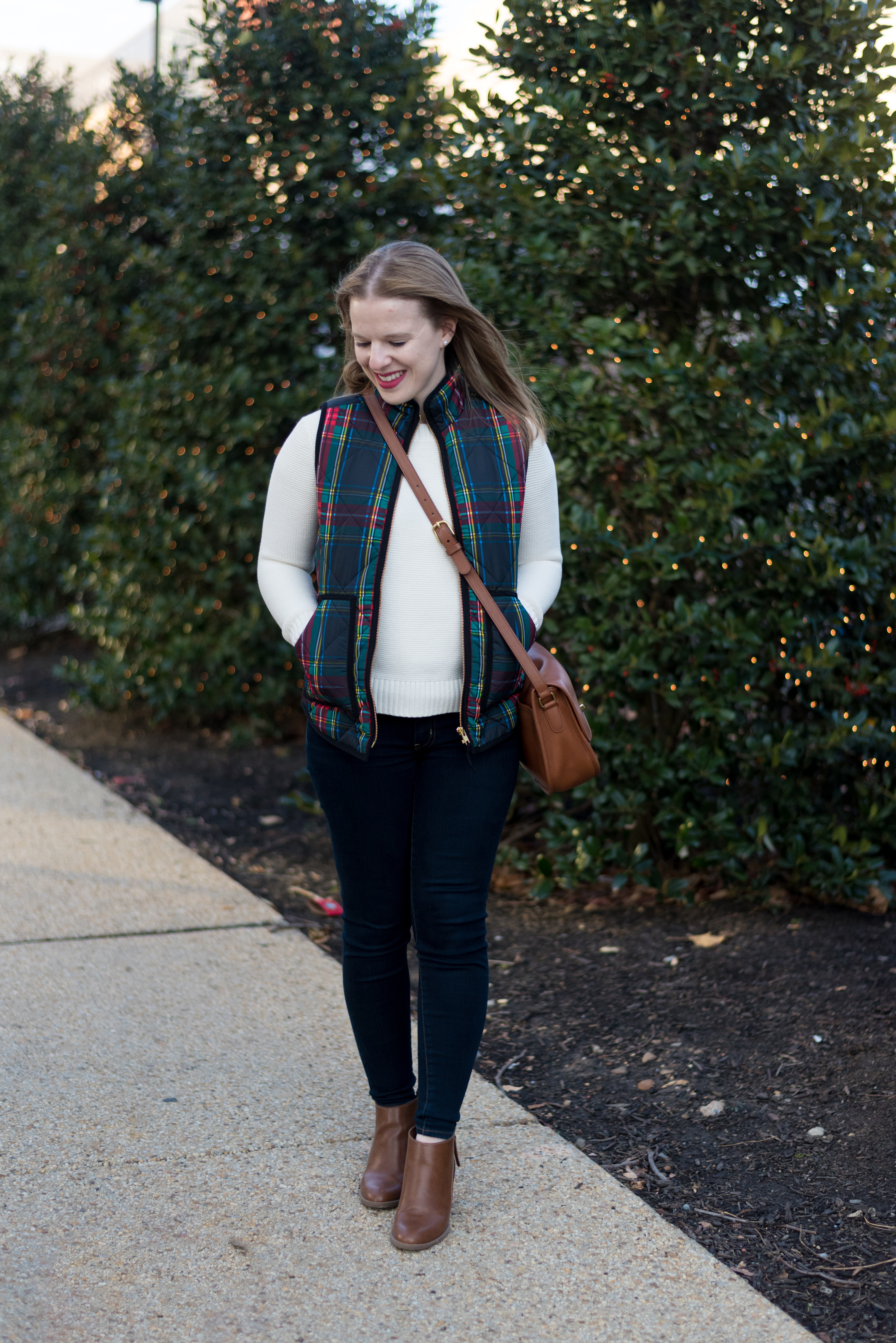 My 2018 Word of the Year, a Reader Survey, AND Giveaway (oh my!) | Something Good, @danaerinw , winter style, cold weather looks, vests, women's vests, cream sweaters, crossbody bags, women's plaid vests, dark jeggings, cognac booties, waffle knit sweater