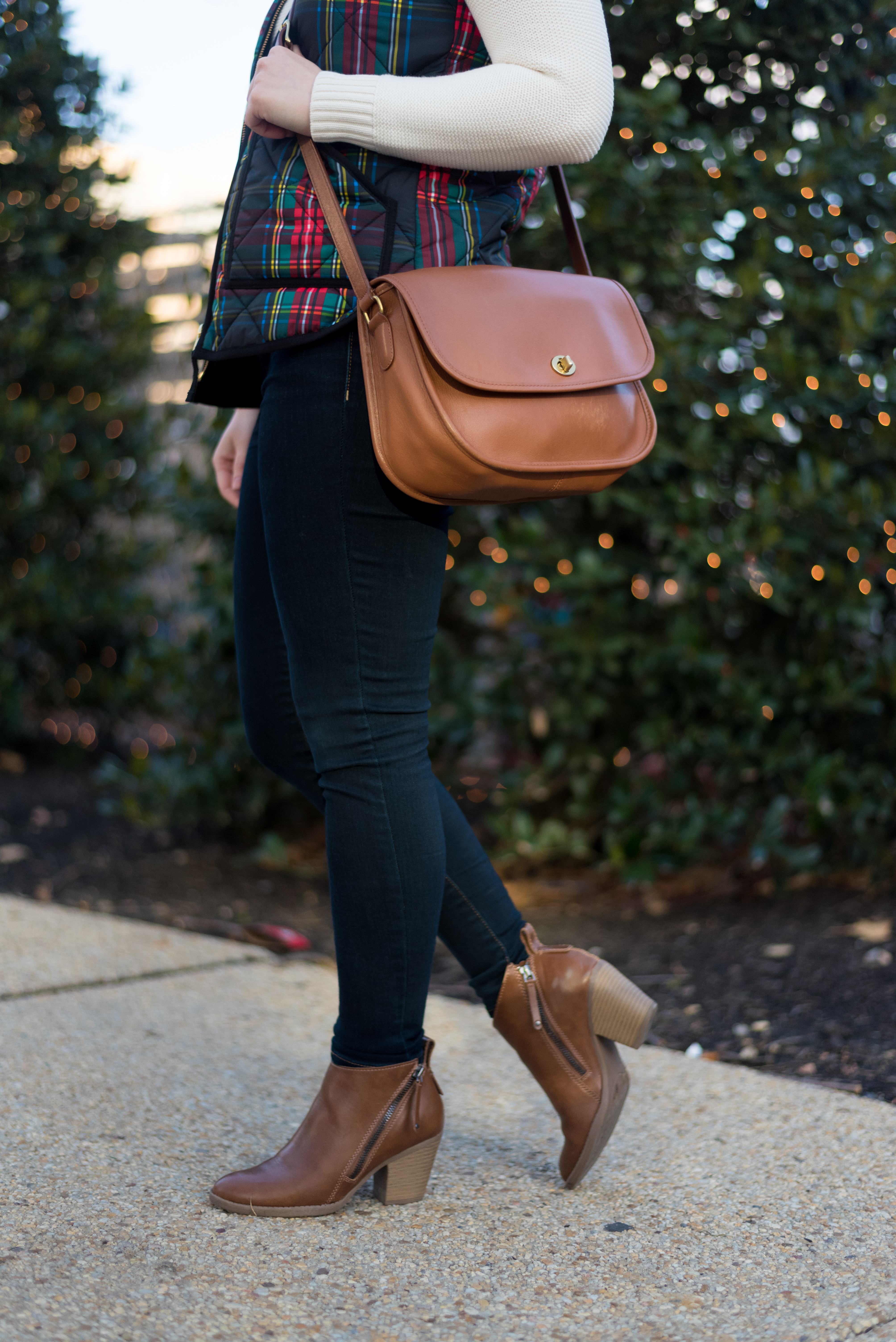 My 2018 Word of the Year, a Reader Survey, AND Giveaway (oh my!) | Something Good, @danaerinw , j.crew plaid vest, plaid vest, aeo jeans, jeggings, dark denim, dark jeans, coach city classic, crossbody bag, cognac purse, target ankle boots, ankle boots, cognac boots, women's clothing, shoes, boots, white sweater