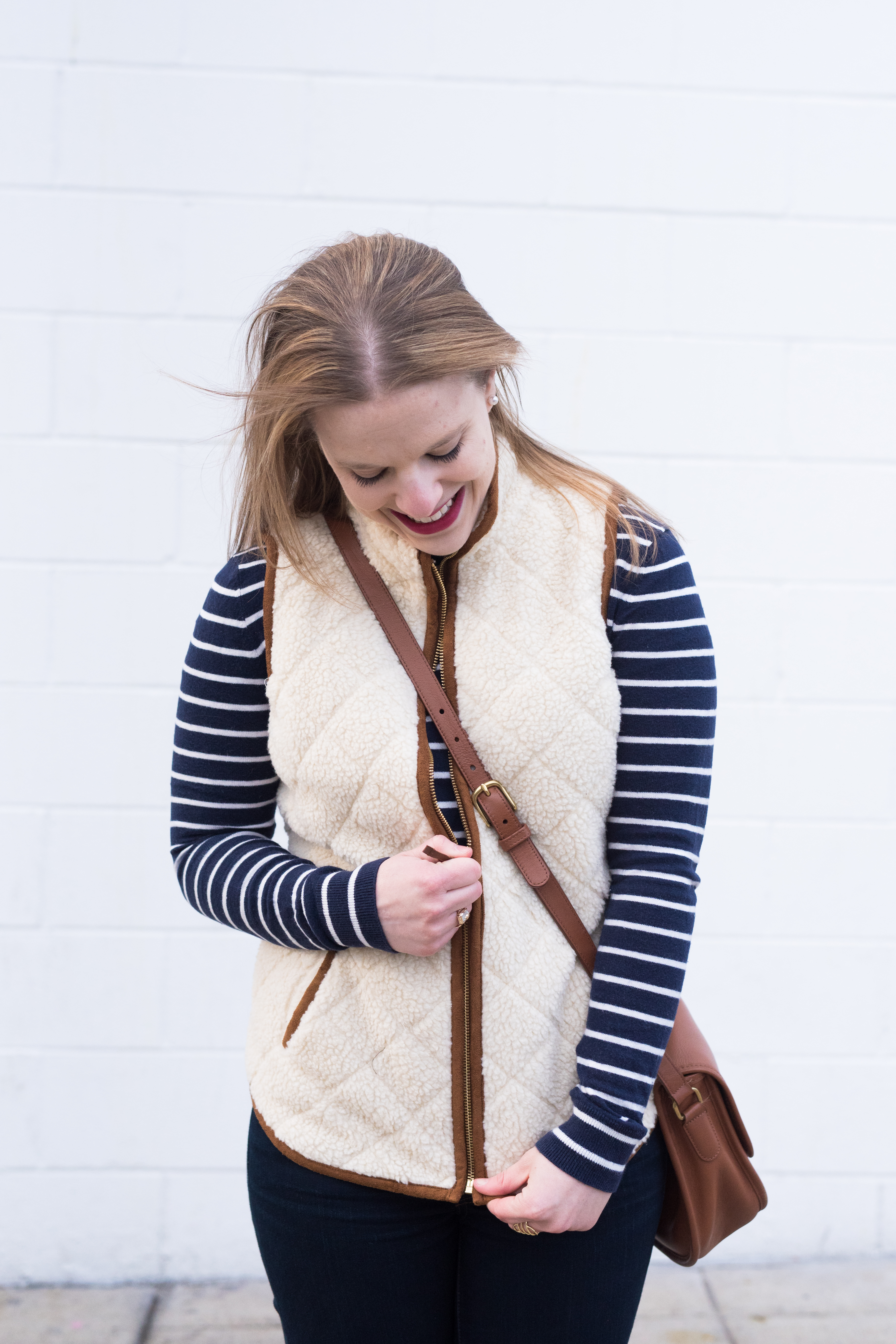 What I Learned From You | Something Good, @danaerinw , old navy vest, warm vest, sherpa quilted vest, quilted vest, striped navy sweater, striped top, crossbody purse