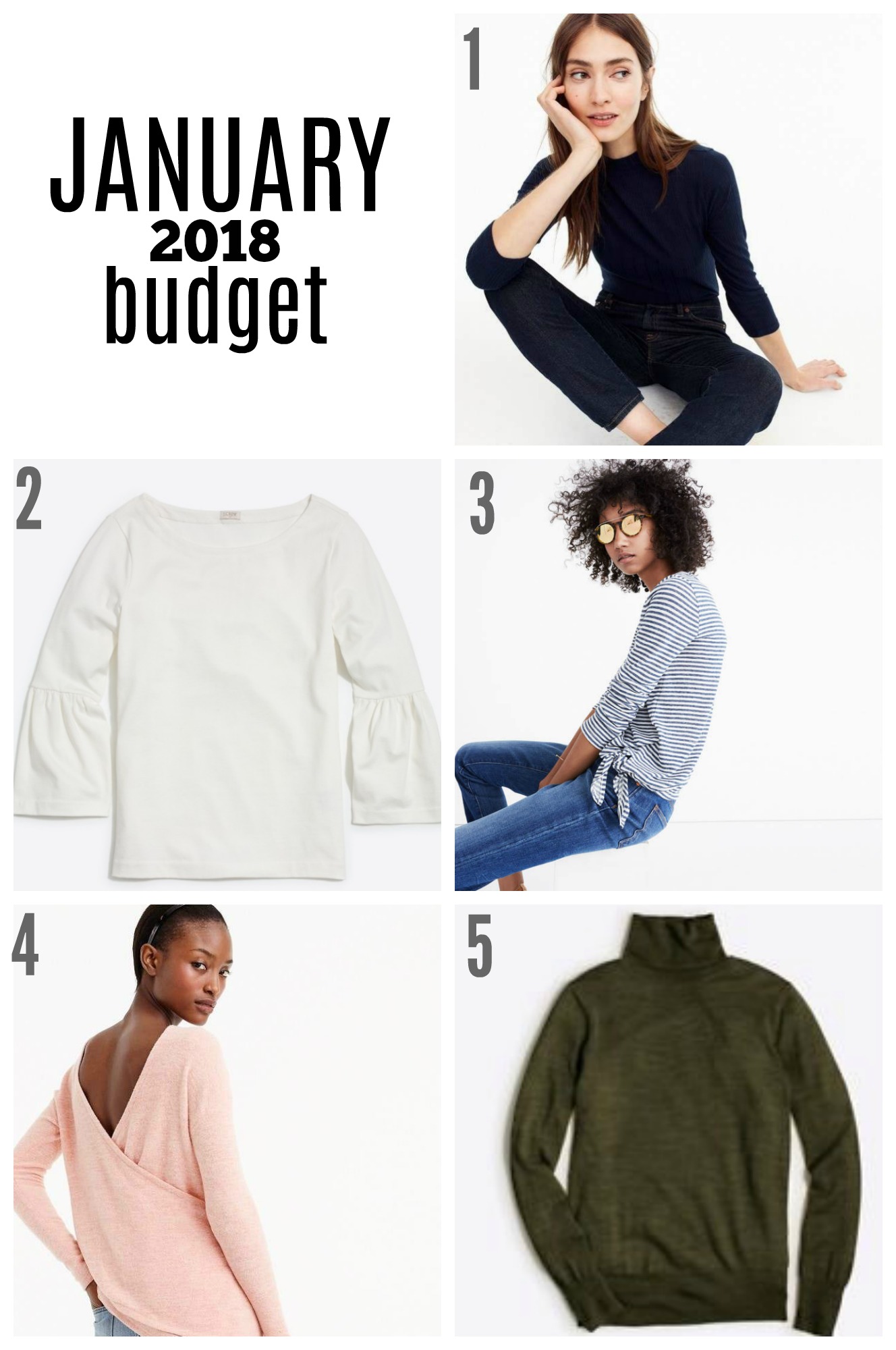 January 2018 Budget | Something Good, @danaerinw, Madewell Soundcheck Stripe Side Tie Tee, J.Crew Factory Bell-sleeve T-shirt, J.Crew Factory Merino Wool Turtleneck Sweater (green), J.Crew Factory Merino Wool Turtleneck Sweater (camel), J.Crew Wrap Bodysuit Navy, J.Crew Wrap Bodysuit Black, J.Crew Reversible V-Back Long Sleeve Tunic, J.Crew Ribbed Mockneck, Three-Quarter Sleeve T-Shirt