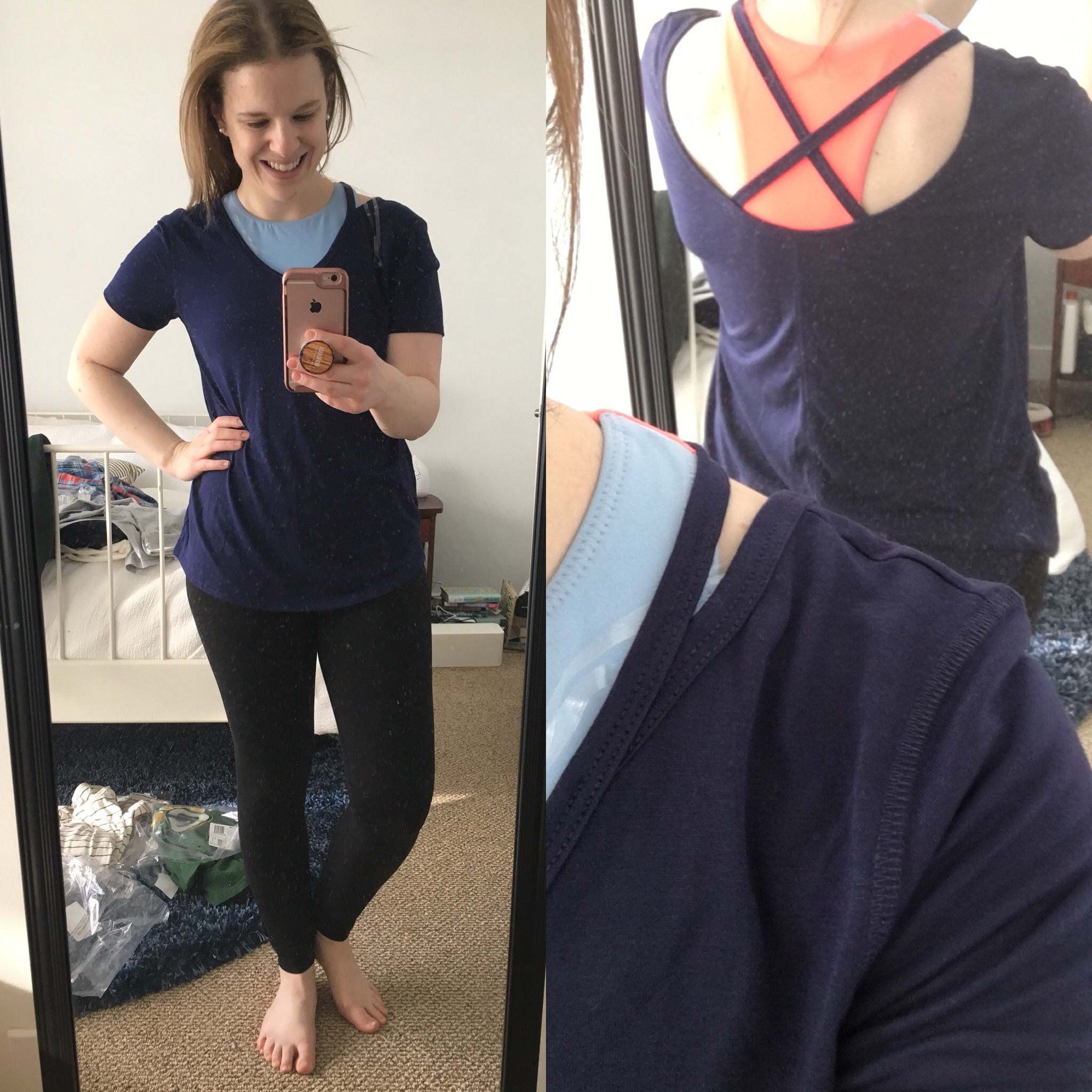 Woman wearing Old Navy Go-Dry Strappy Tee and black leggings for Casual Weekend Outfits