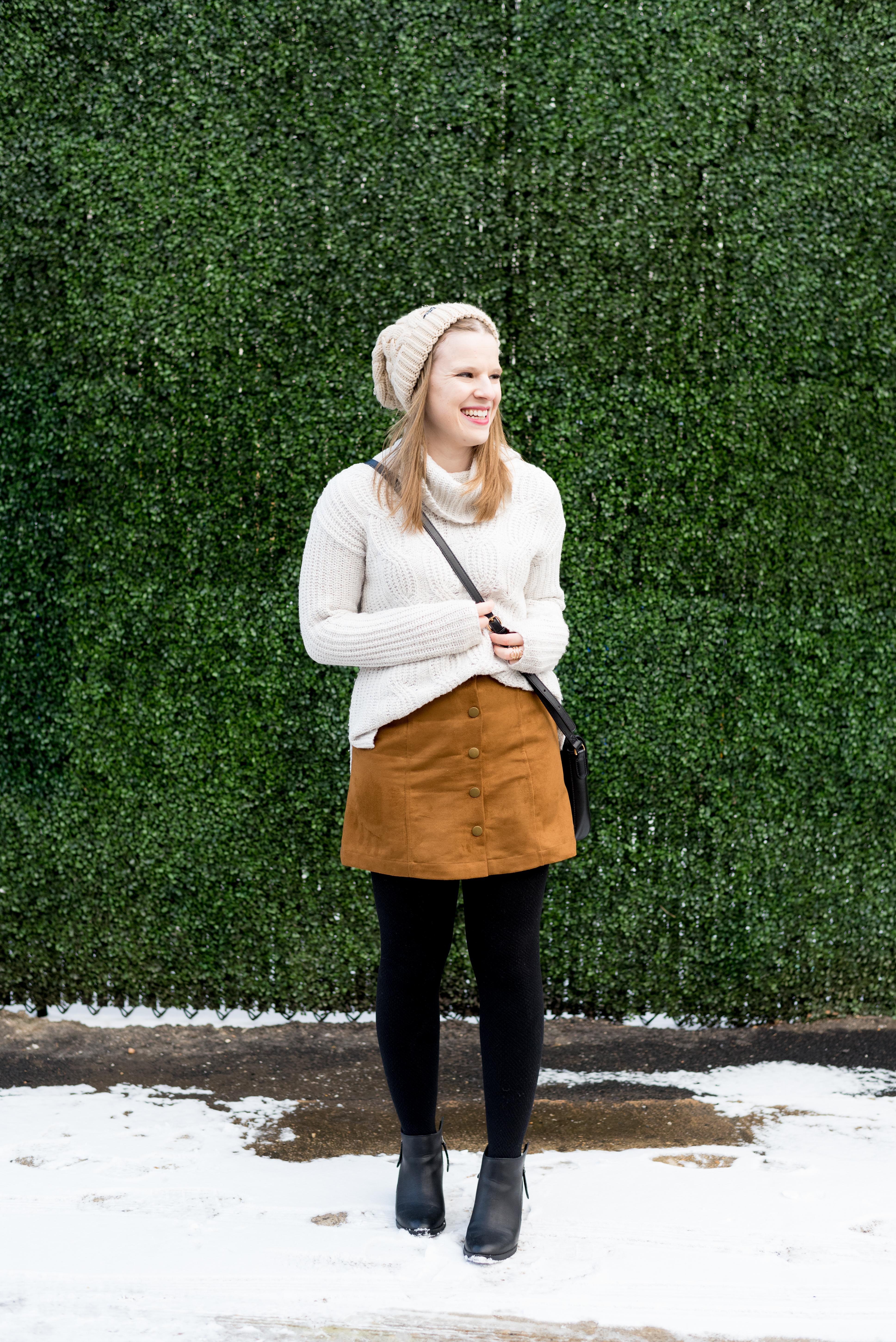 How to Style White Sweaters for Winter with Old Navy Suede Skirt, leggings, and boots