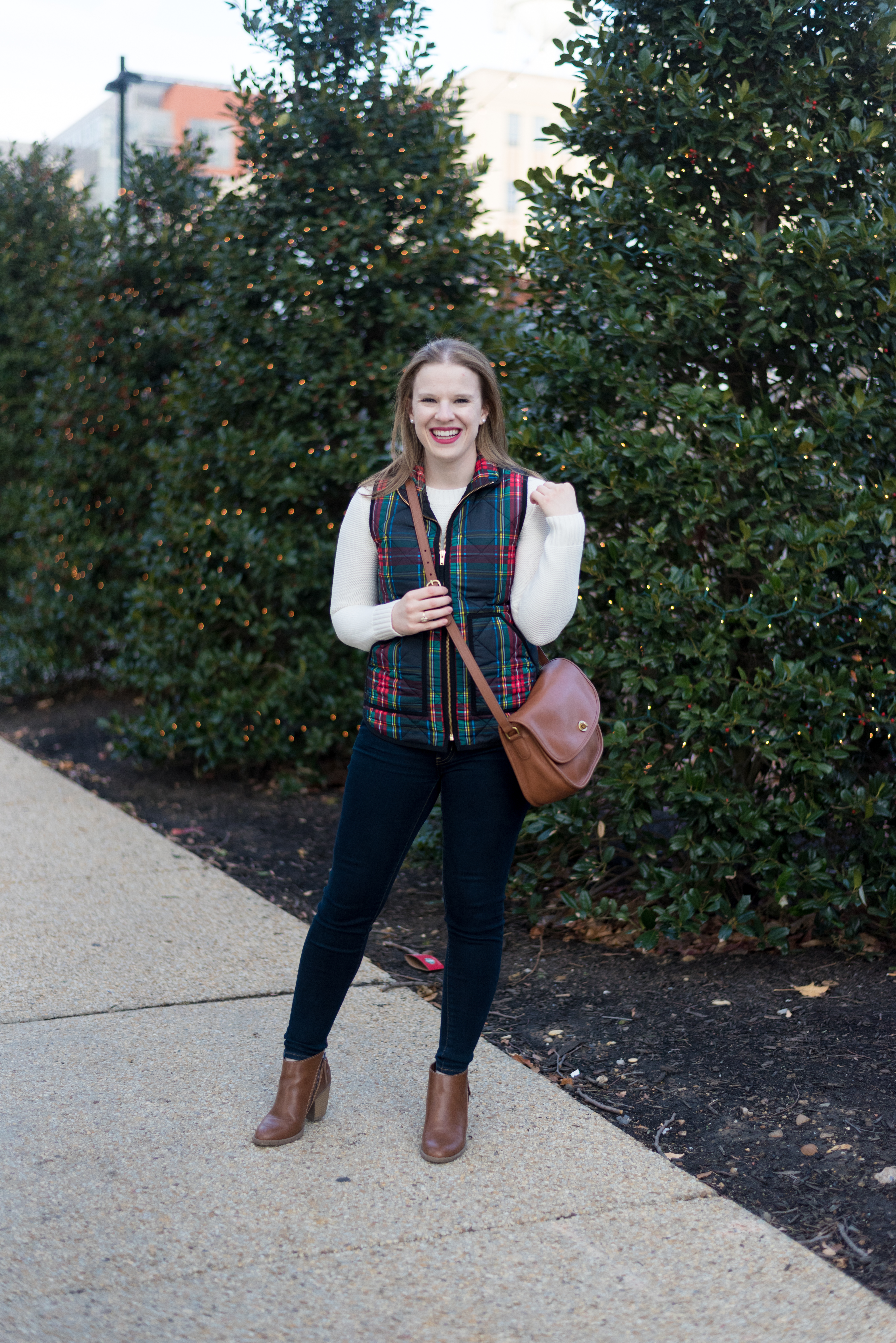 My 2018 Word of the Year, a Reader Survey, AND Giveaway (oh my!) | Something Good, @danaerinw , winter fashion, plaid top, j.crew factory plaid vest, brown booties, women's jeans, dark wash denim, j.crew factory white sweater, cream sweater, women's sweaters, winter fashion, women's shoes