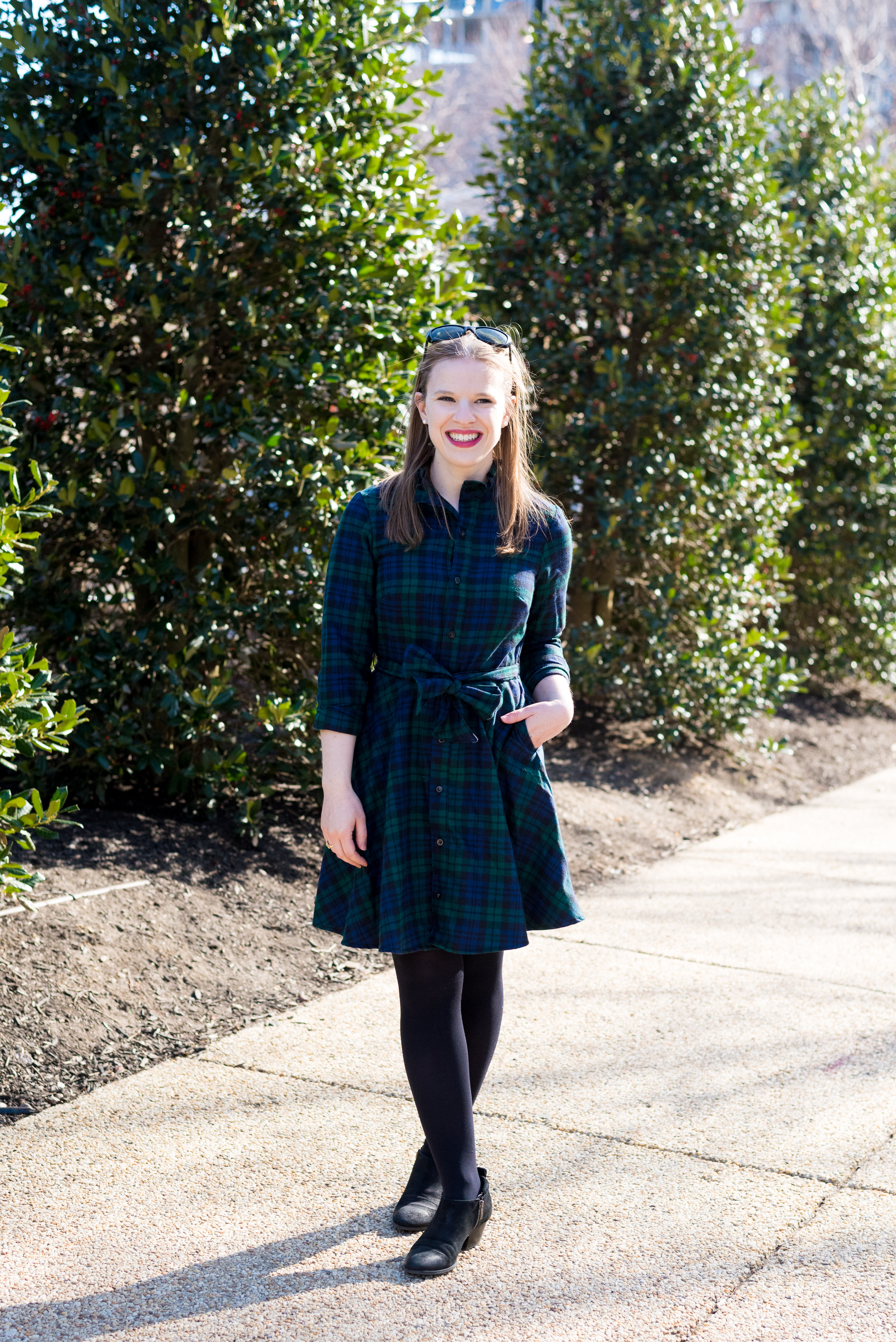 DC woman blogger wearing KJP Cozy Cabin Dress