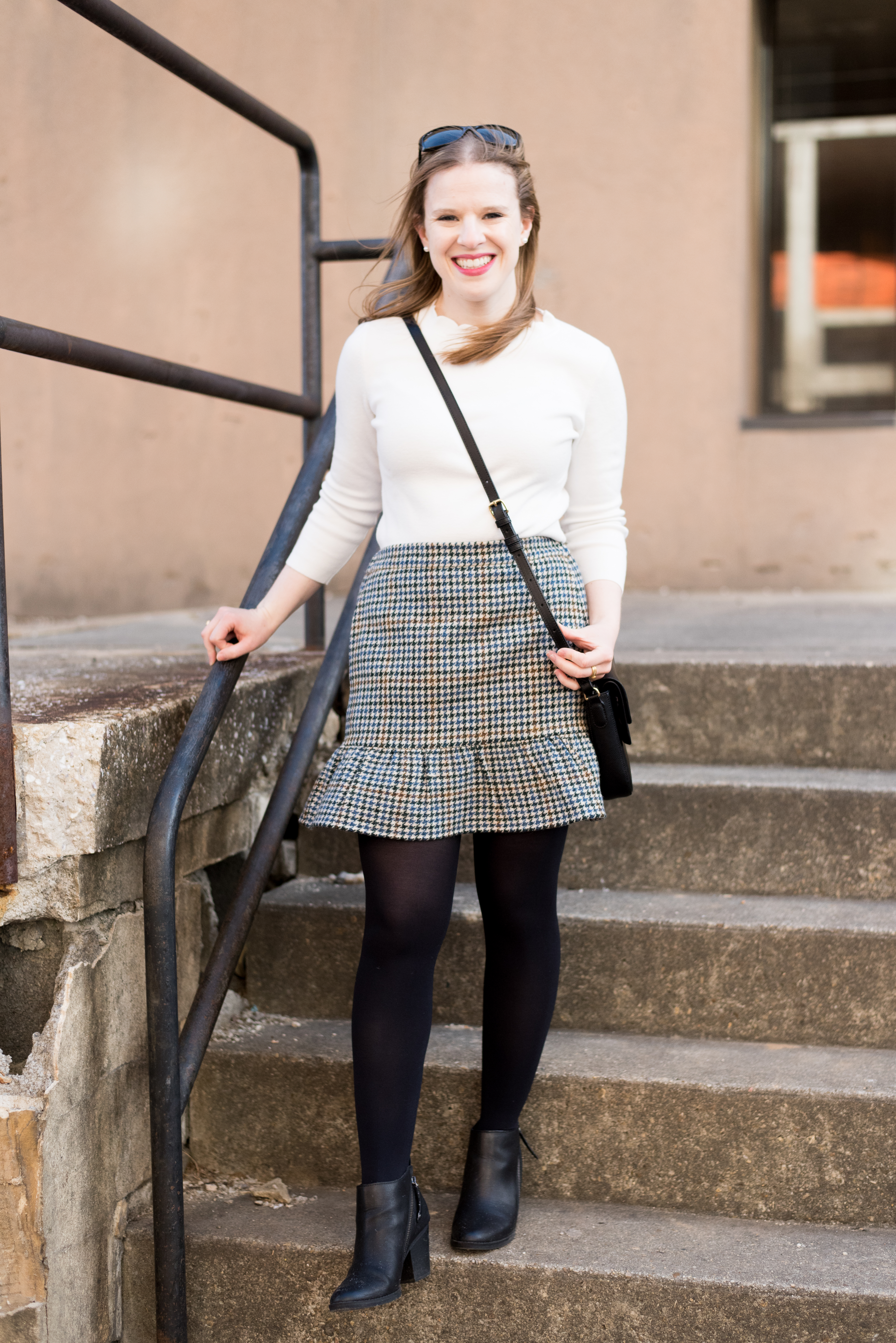 dc woman blogger in jcrew houndstooth ruffle skirt, Fall Business Casual Outfits | Something Good | A DC Style and Lifestyle Blog on a Budget