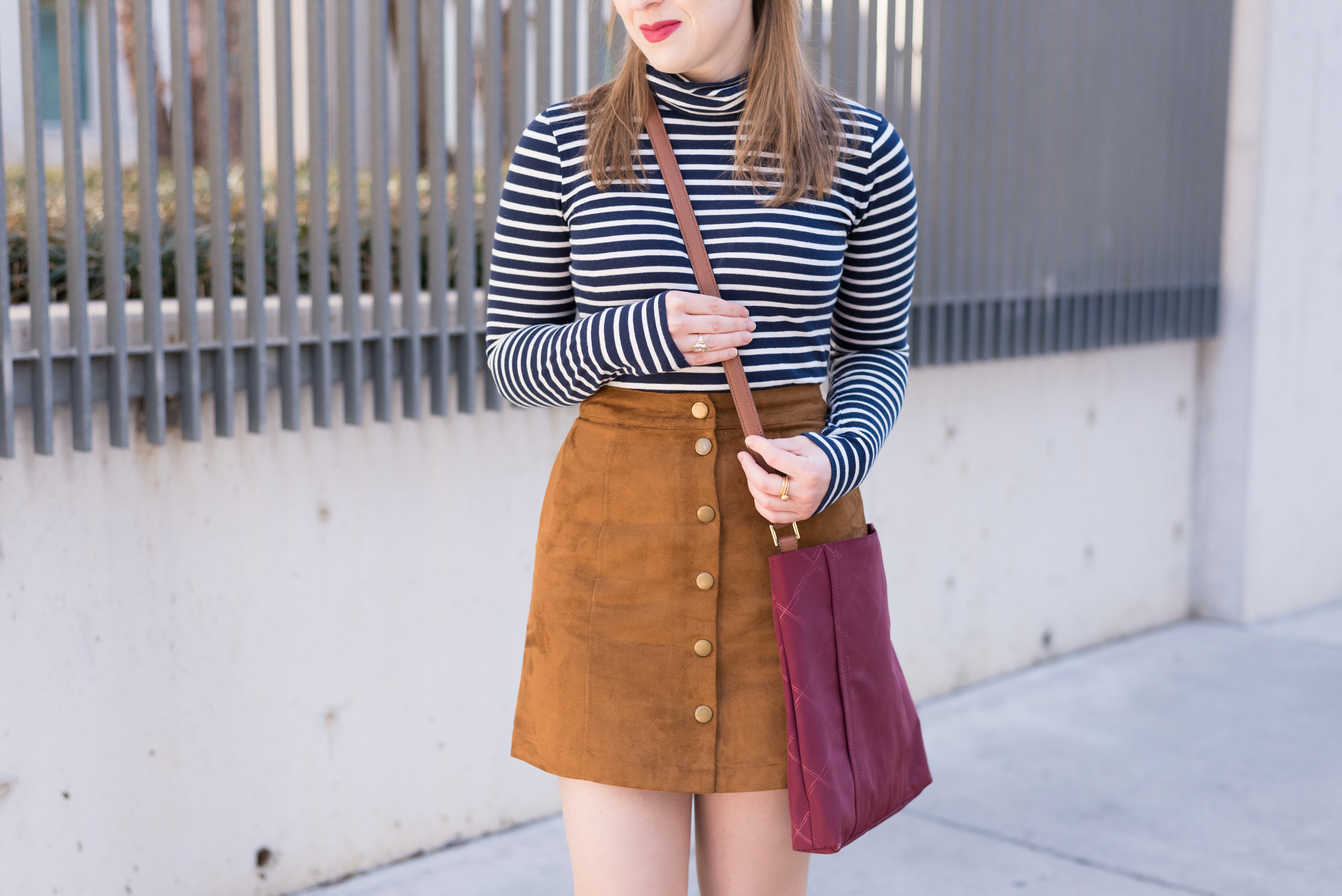 turtleneck, white and navy turtleneck, cognac skirt, suede skirt