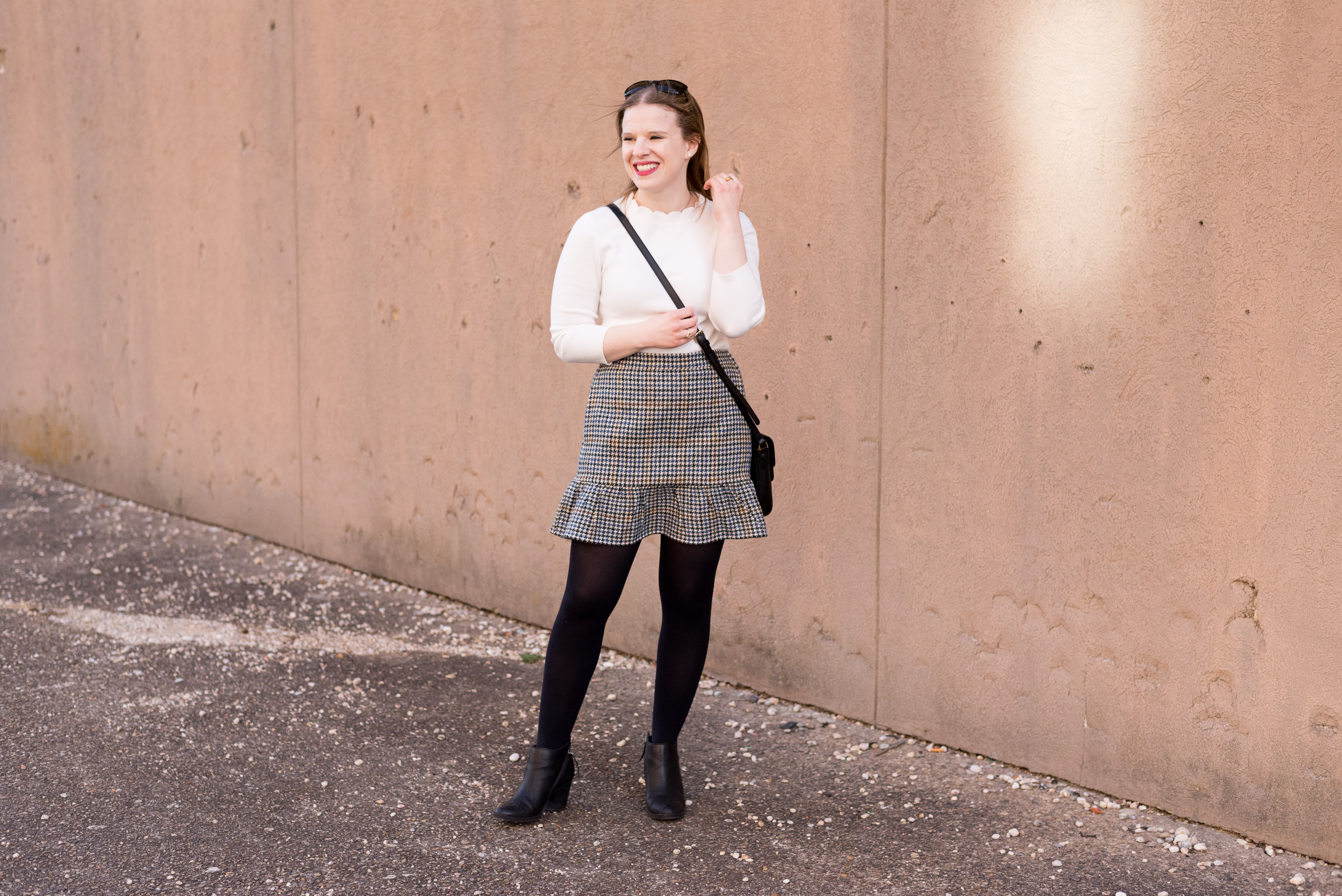 The Perfect Work Outfit for Weird Winter Weather | Something Good, @danaerinw , j.crew ruffle mini skirt, houndstooth skirt, j.crew skirt, women's fashion, clothing, style, ankle boots, white sweater