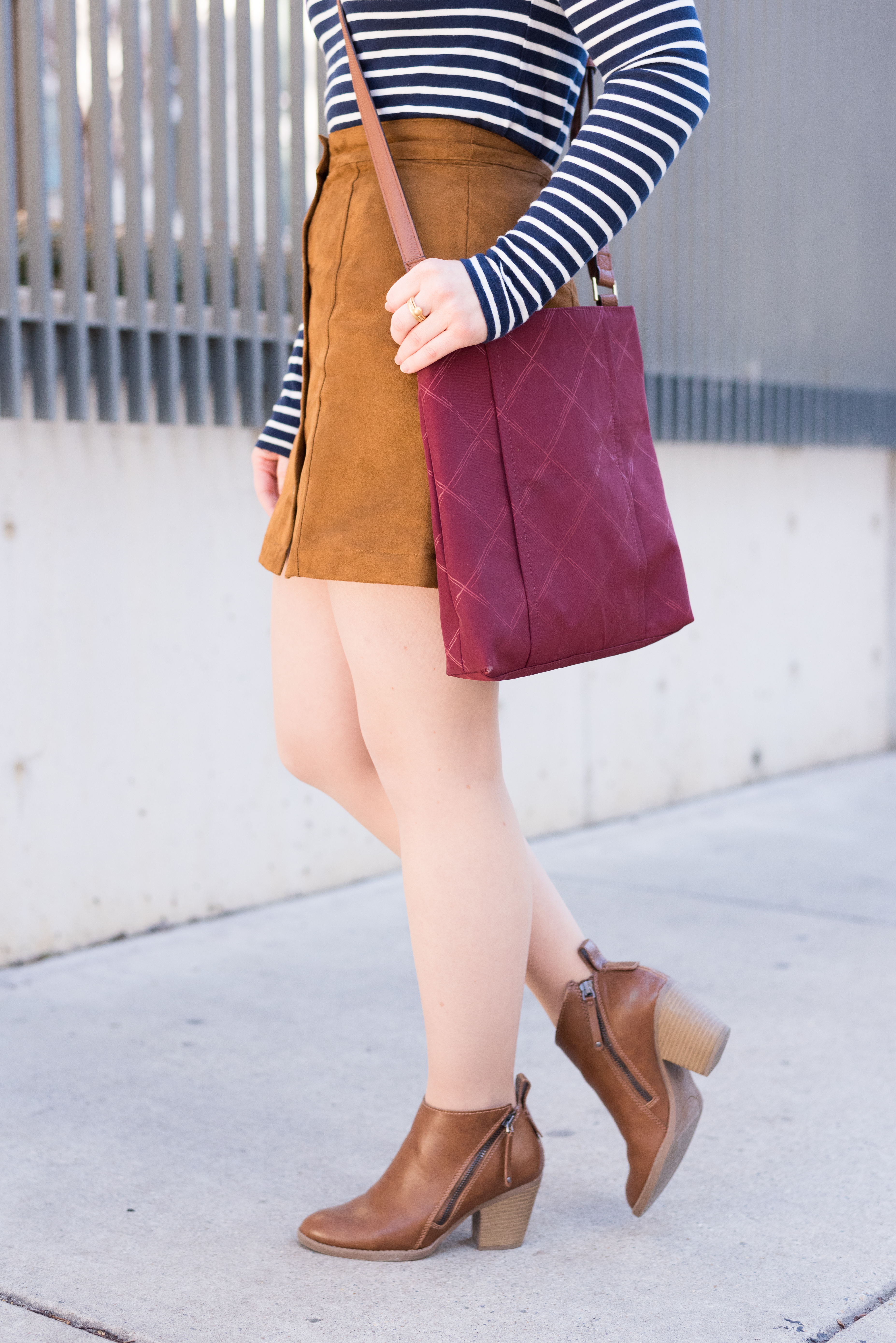 target dv ankle boots, cognac ankle boots, side zipper ankle boots, vera bradley crossbody bag