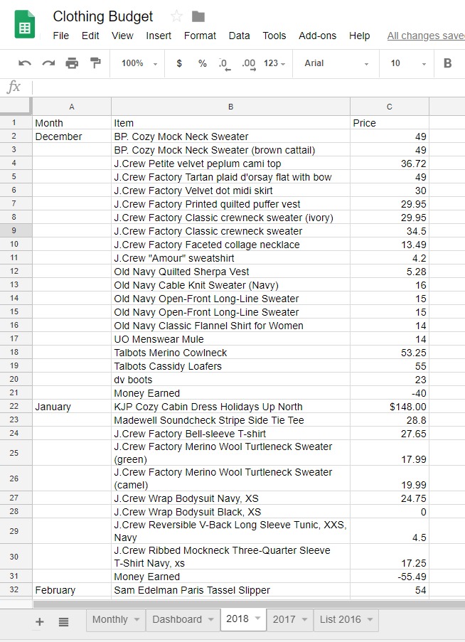 clothing purchases google doc page