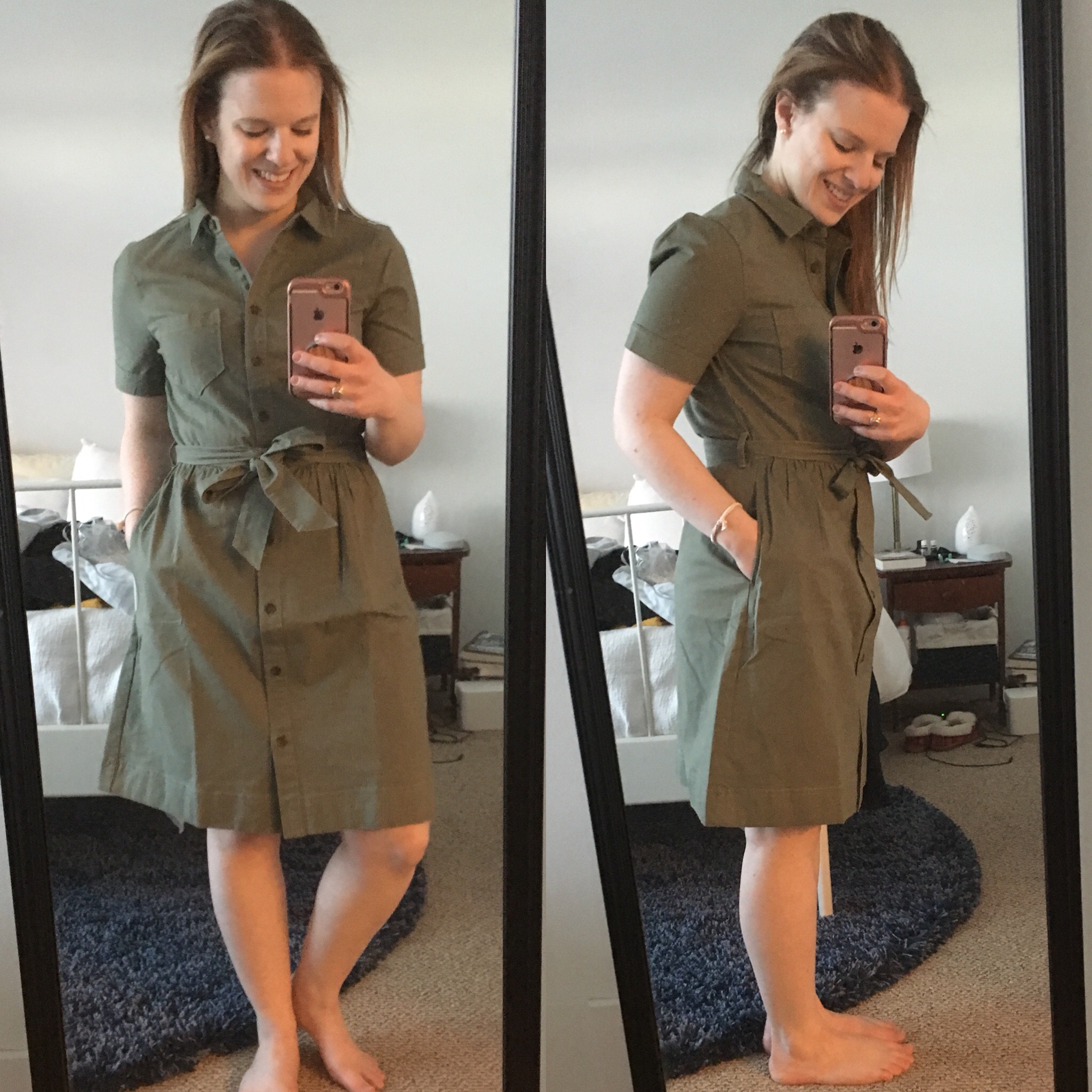 woman wearing J.Crew Factory Belted shirt dress