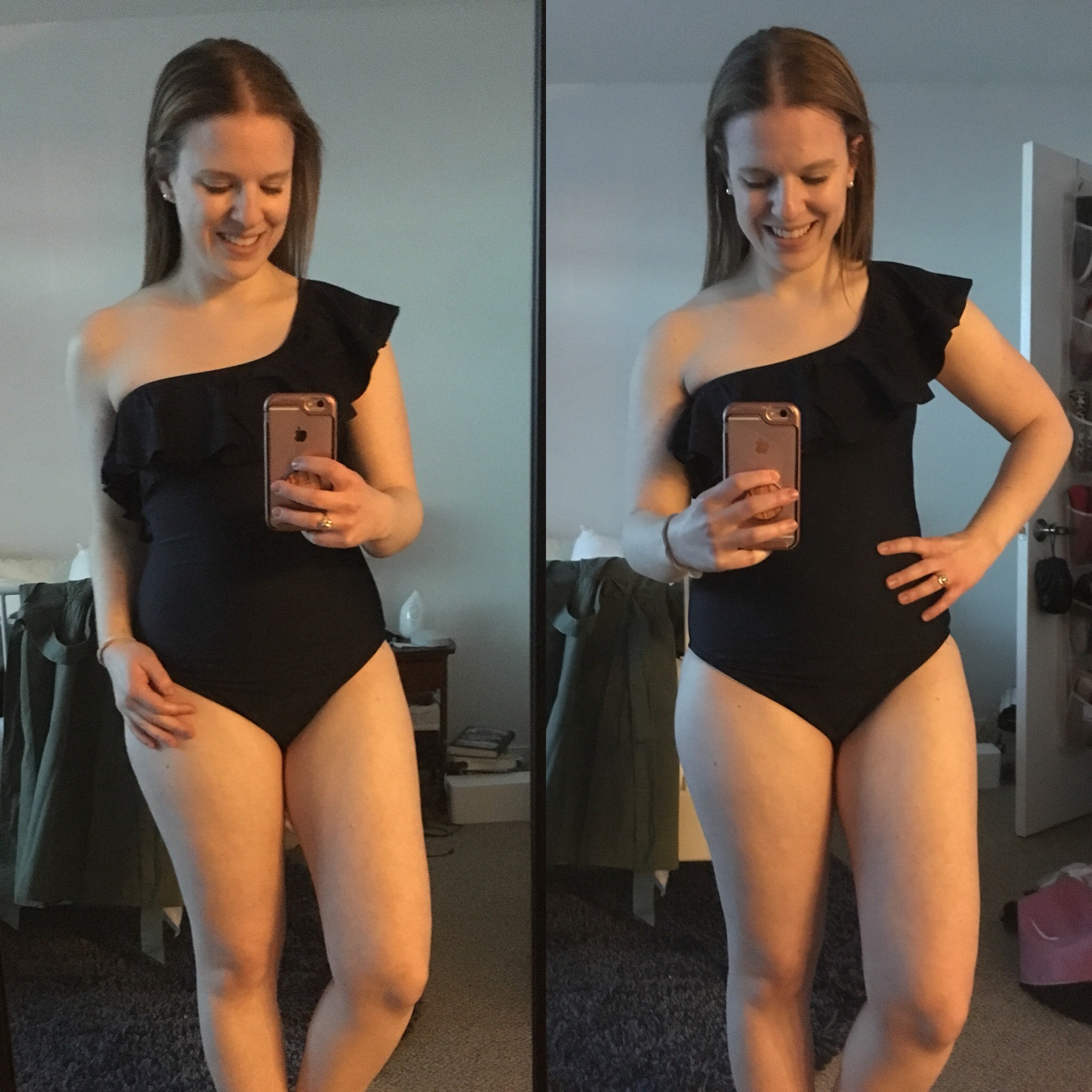 woman wearing J.Crew Factory Ruffle one-shoulder one-piece swimsuit