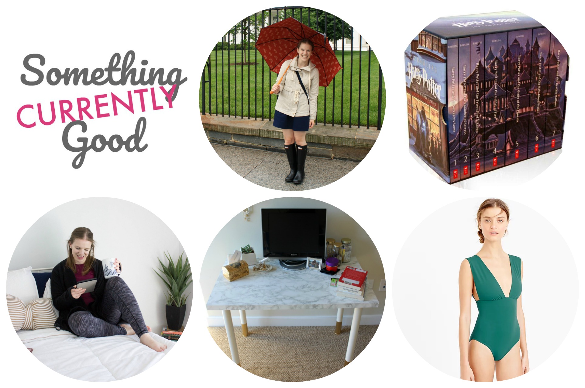 girl in rainboots holding umbrella, marble desk diy, woman on bed holding mug, j.crew plunge neck swimsuit, harry potter series books, april showers