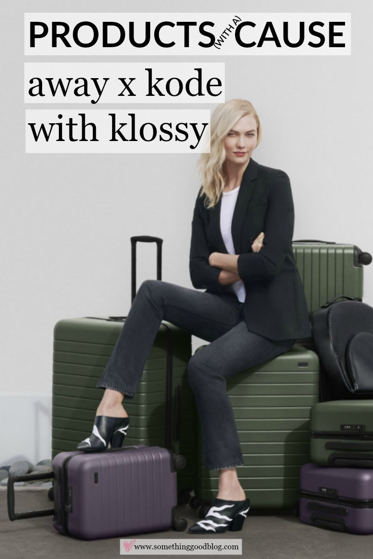 karlie kloss sitting on top of a suitcase, away luggage with woman, green suitcase, purple backpack