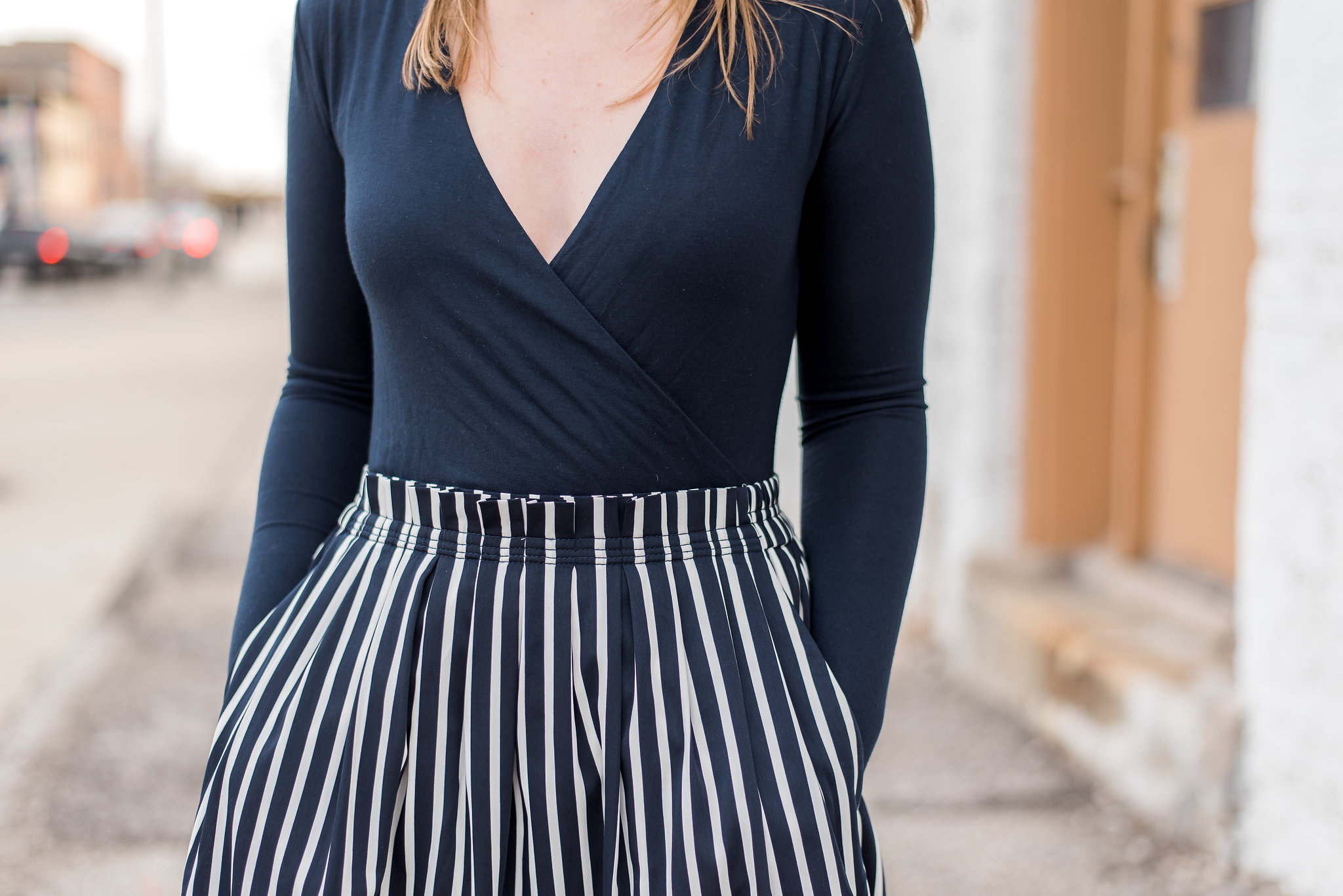 dc blogger woman wearing Closeup J Crew Factory bodysuit and skirt