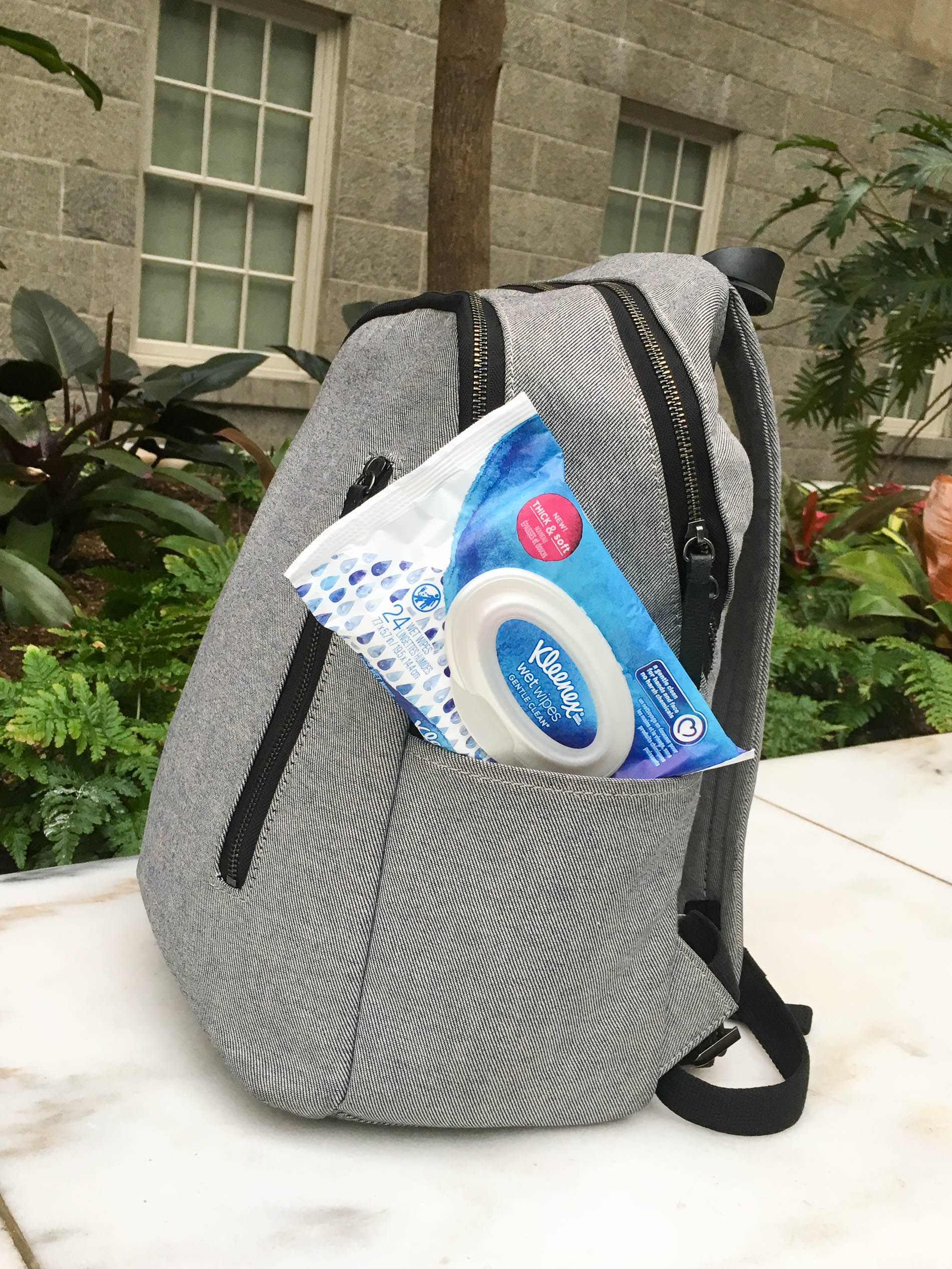 everlane backpack with Gentle Clean Kleenex Wet Wipes