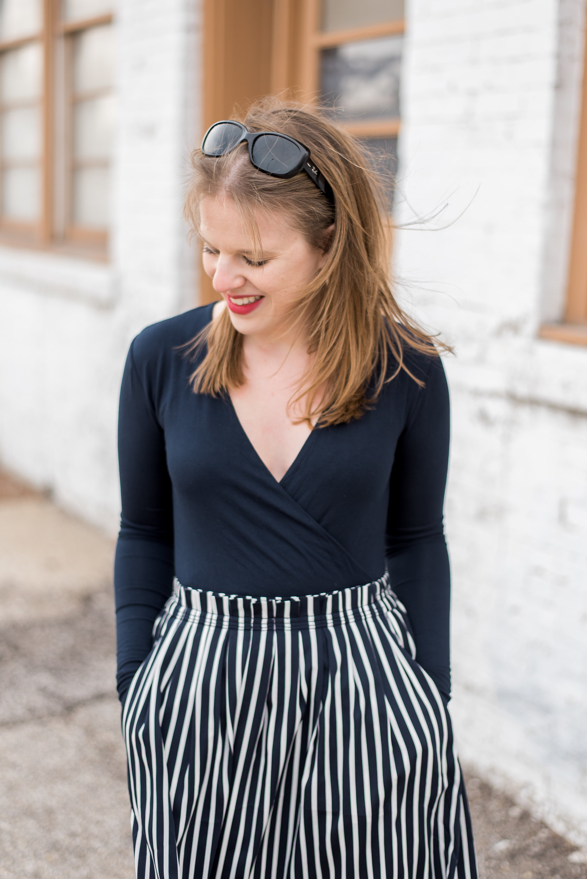 dc blogger woman wearing J Crew bodysuit J Crew Factory skirt