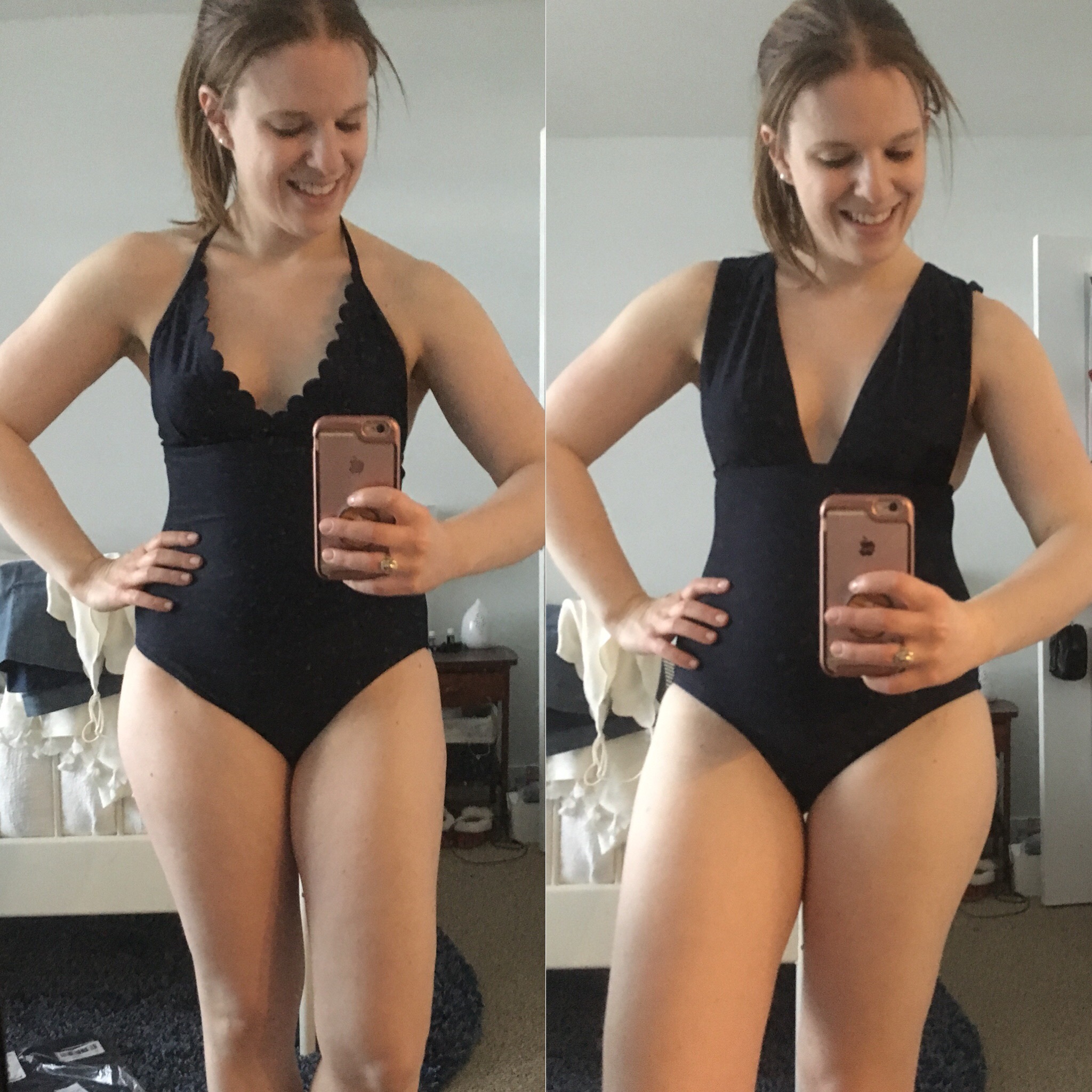 woman wearing J.Crew Plunge V-neck one-piece swimsuit