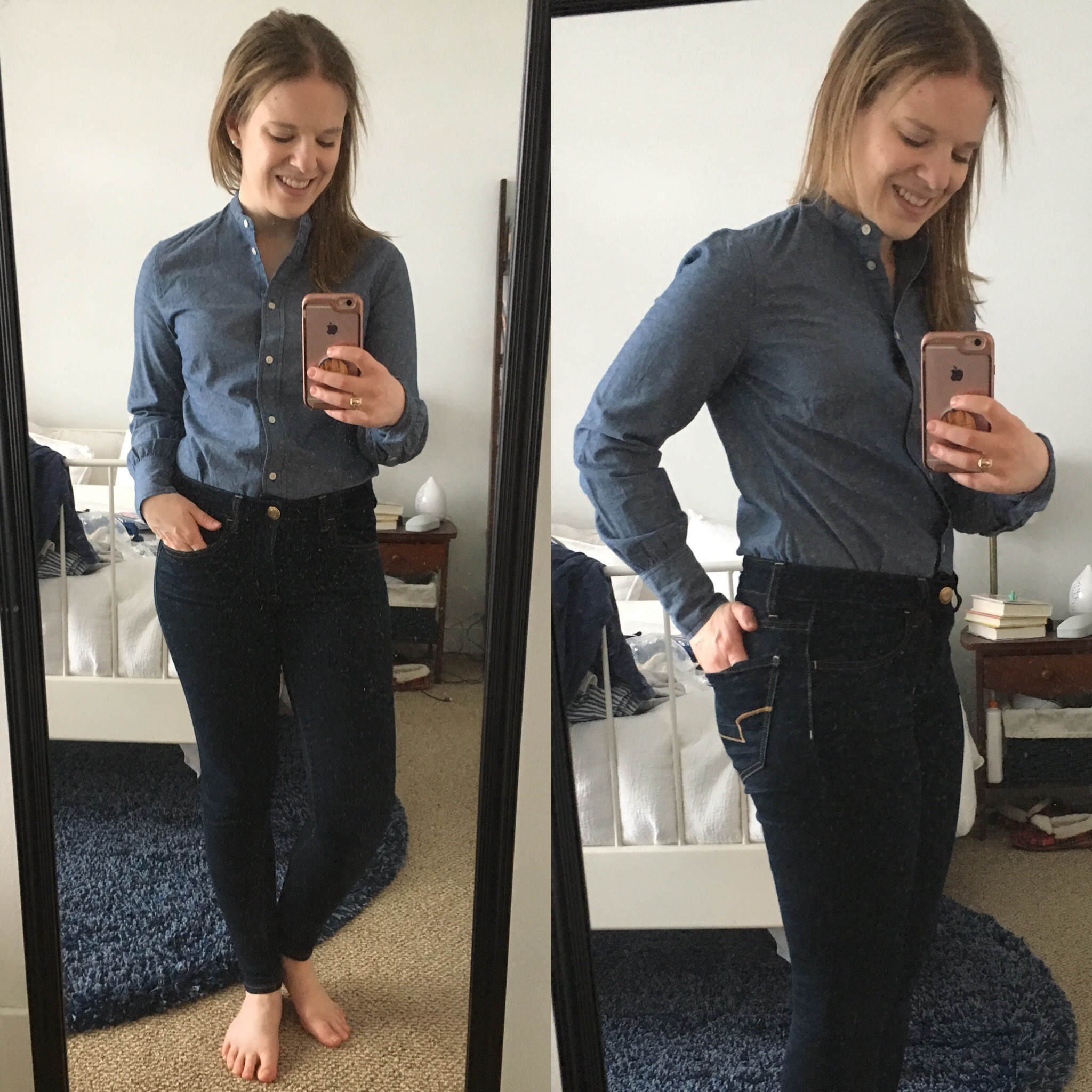  dc woman style blogger wearing J.Crew Slim perfect bodysuit in chambray, woman holding a phone