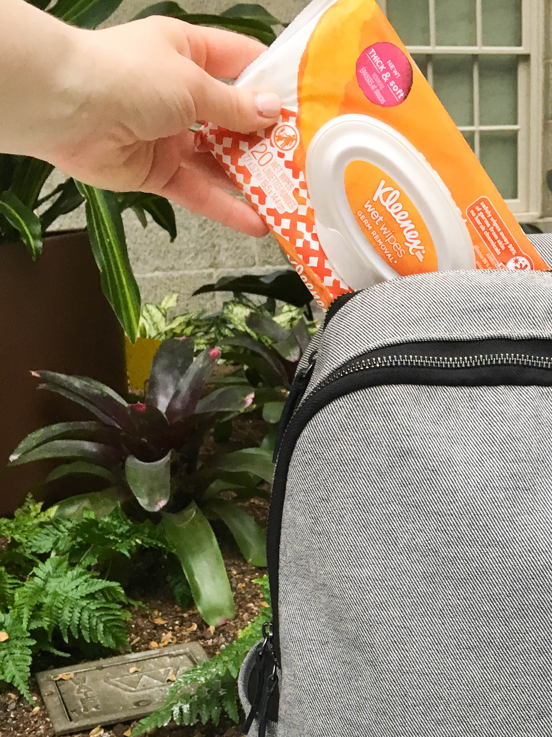 Kleenex Wet Wipes Germ Removal in an everlane backpack with a black zipper