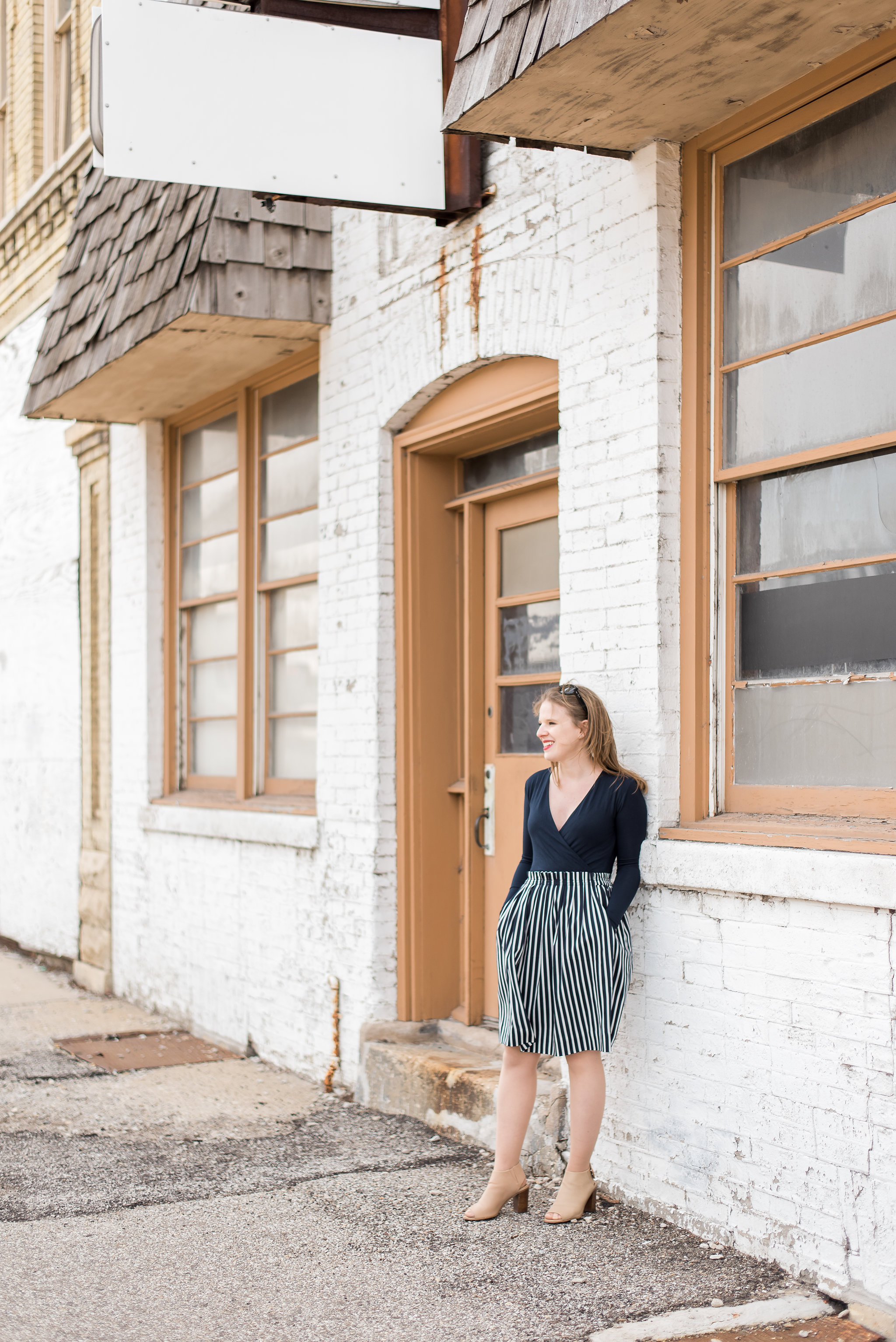 dc blogger woman wearing Navy wrap bodysuit J Crew