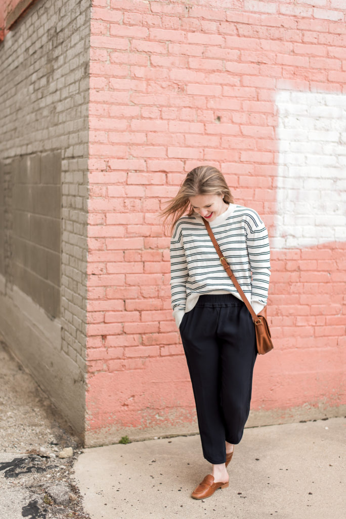 woman style blogger wearing Penny Saddle Loafer Dune London