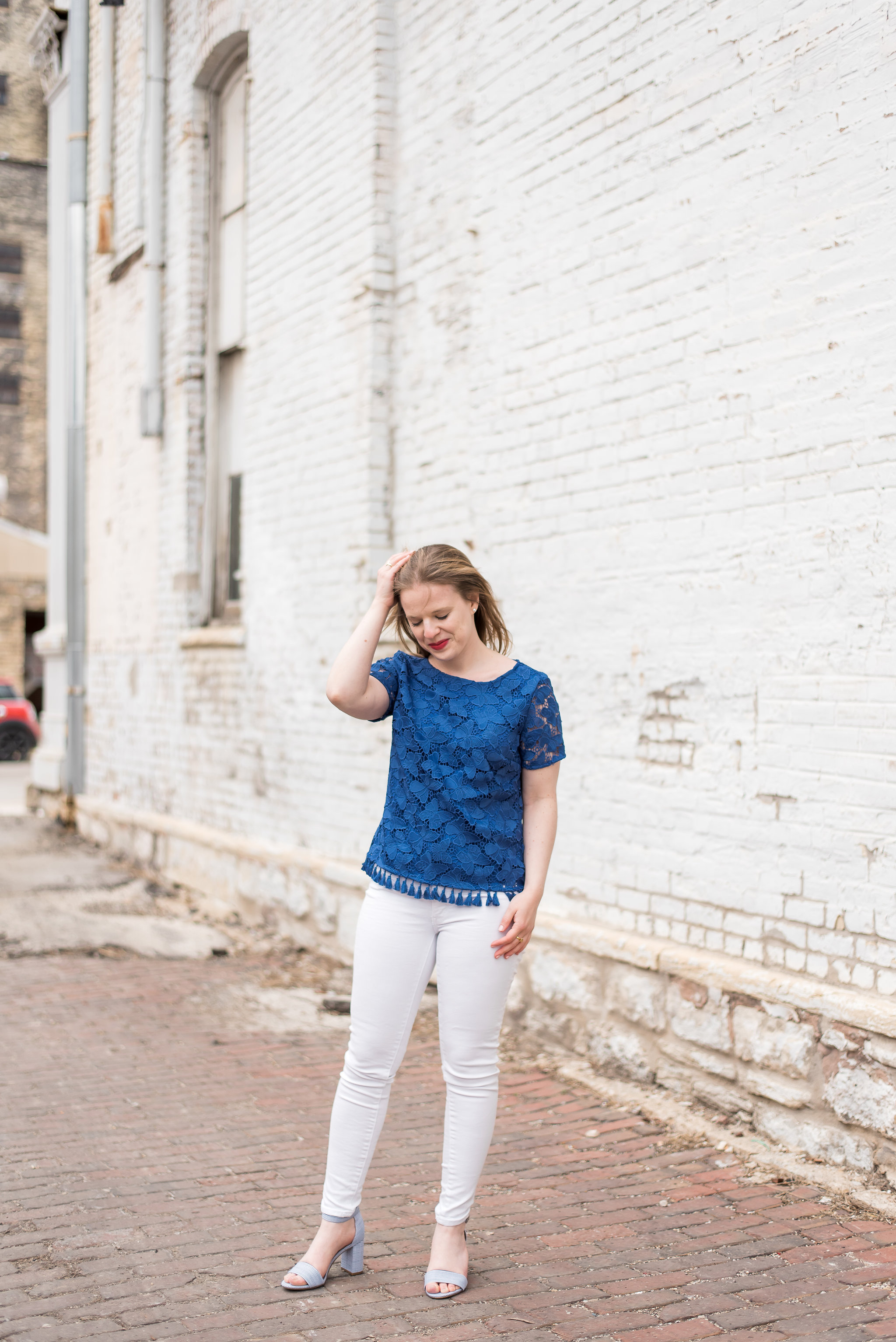 dc blogger woman wearing Talbots deep periwinkle tassel-hem top