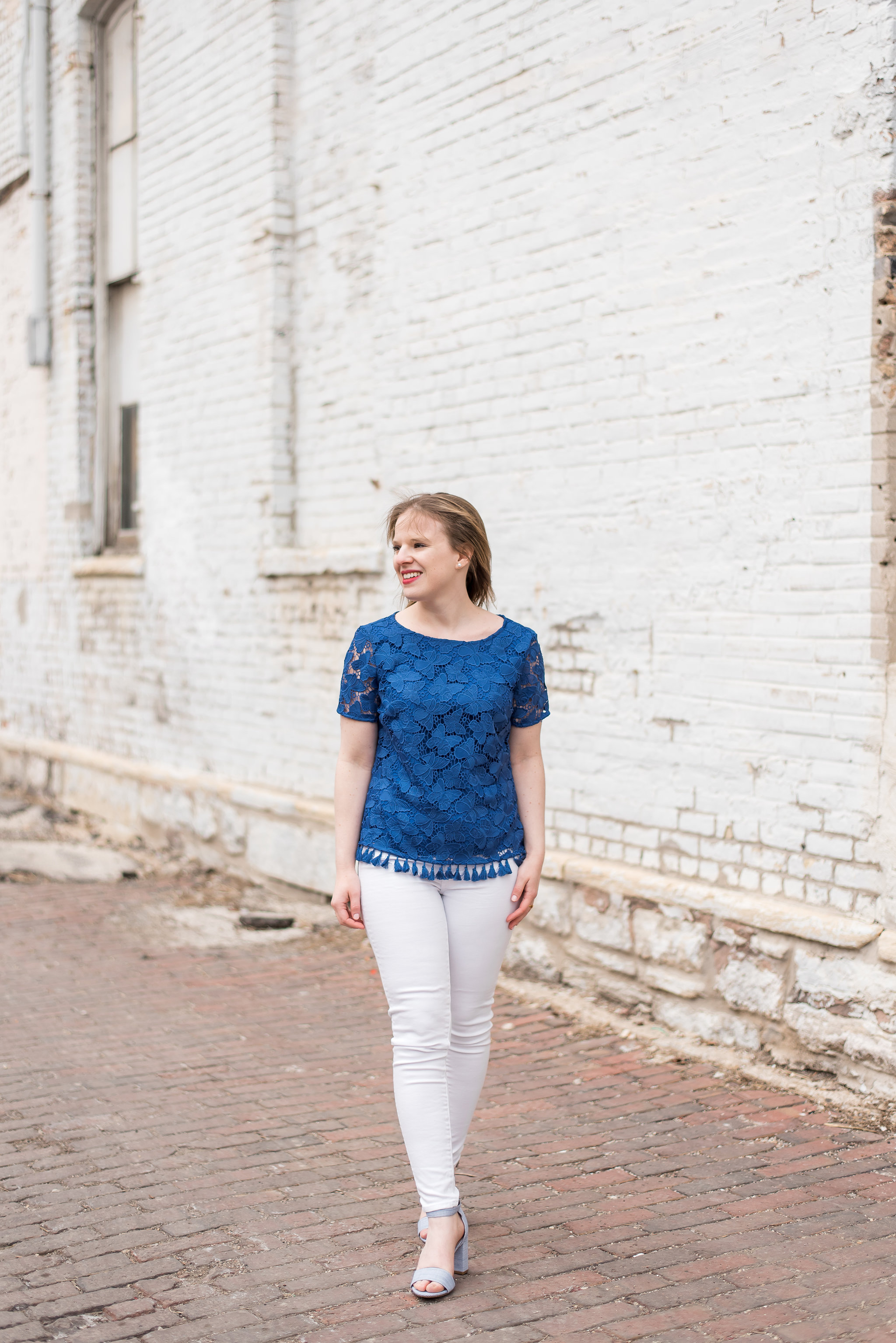 dc blogger woman wearing Talbots deep periwinkle top