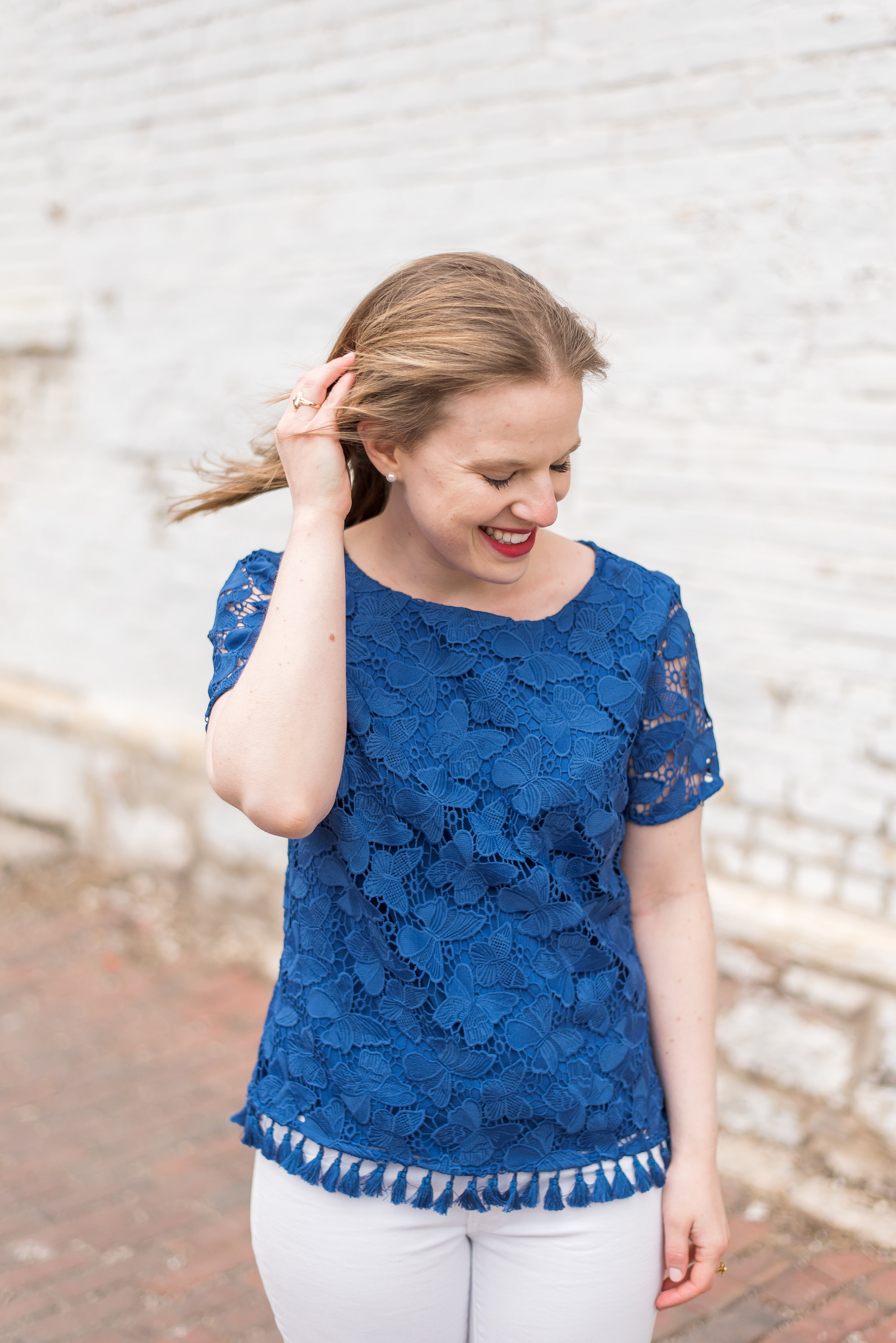 dc blogger woman wearing Talbots tassel-hem top