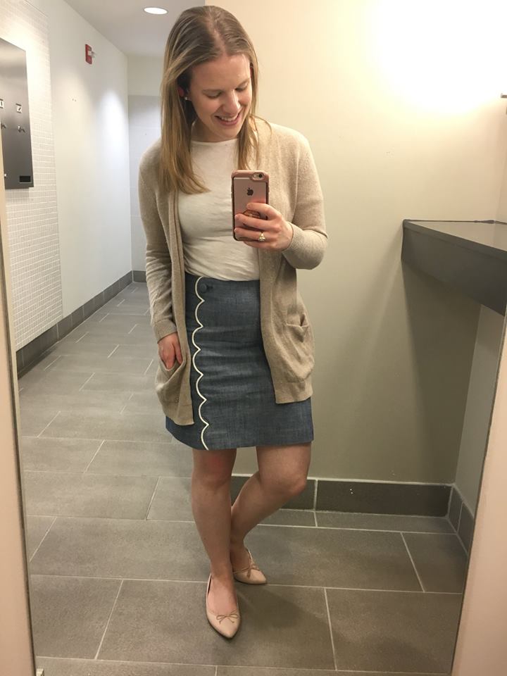 woman wearing J.Crew Factory chambray skirt