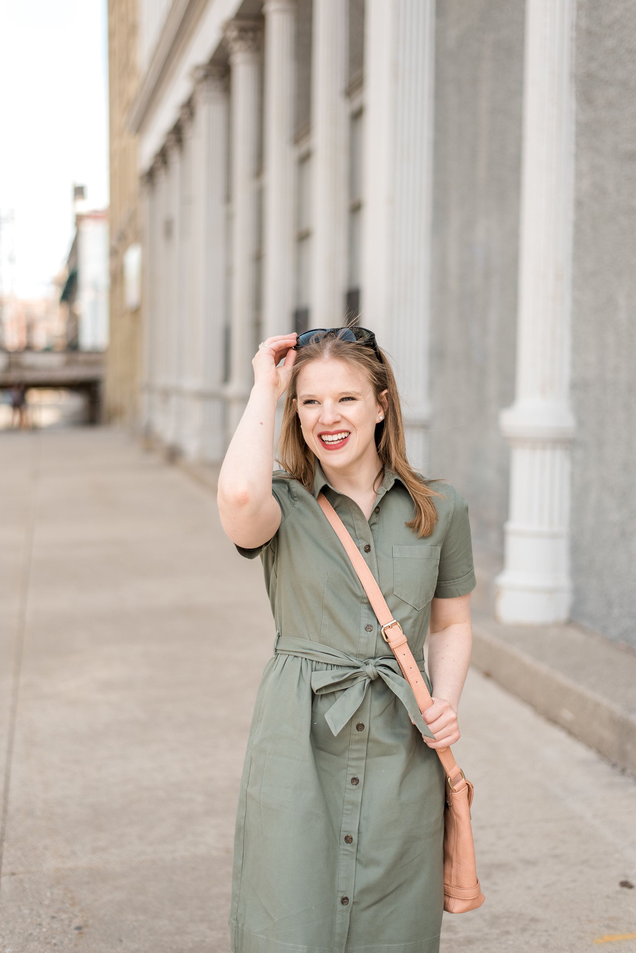 dc style fashion blogger wearing Belted green shirt dress J Crew Factory