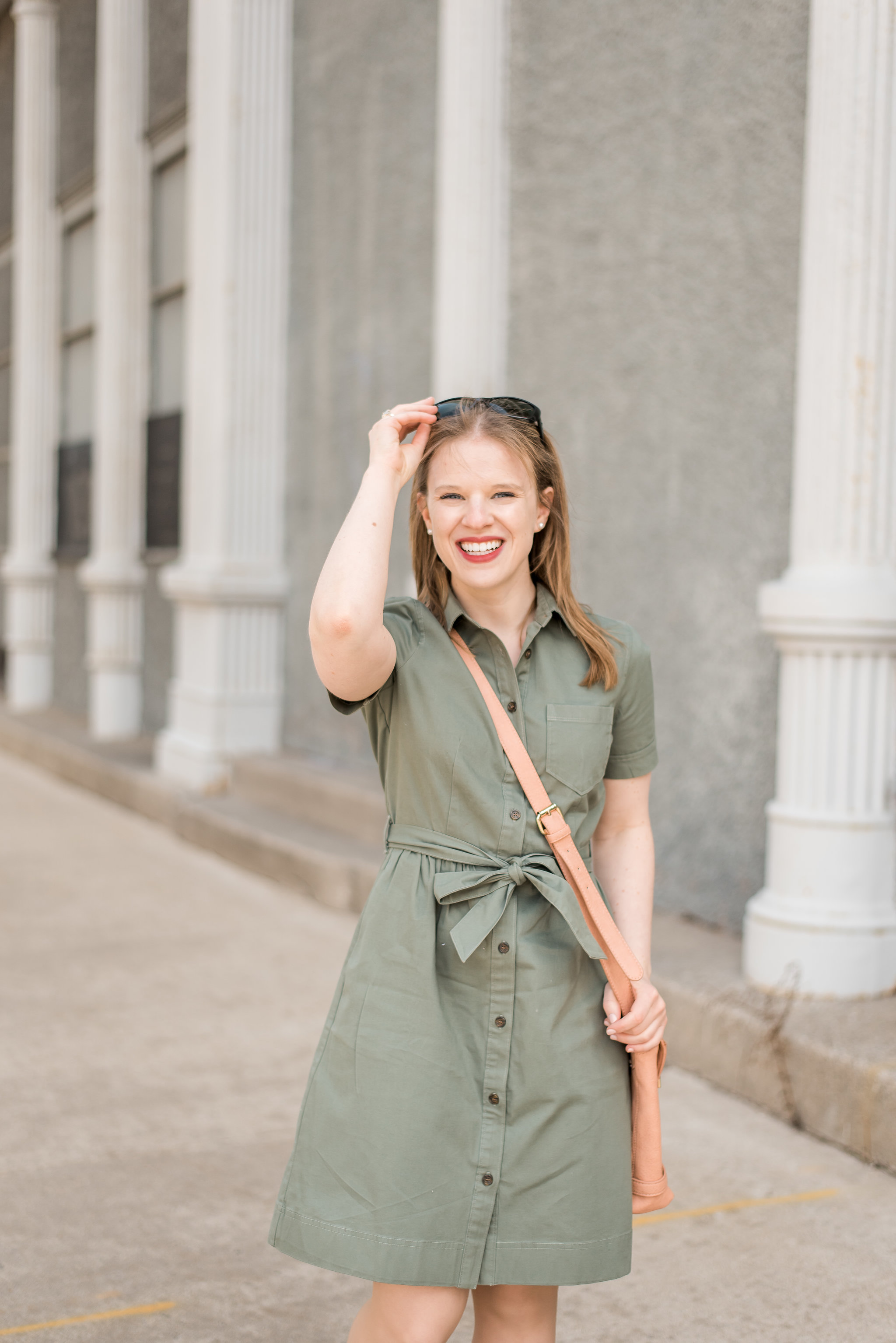 dc style fashion blogger wearing Belted shirt dress J Crew Factory green