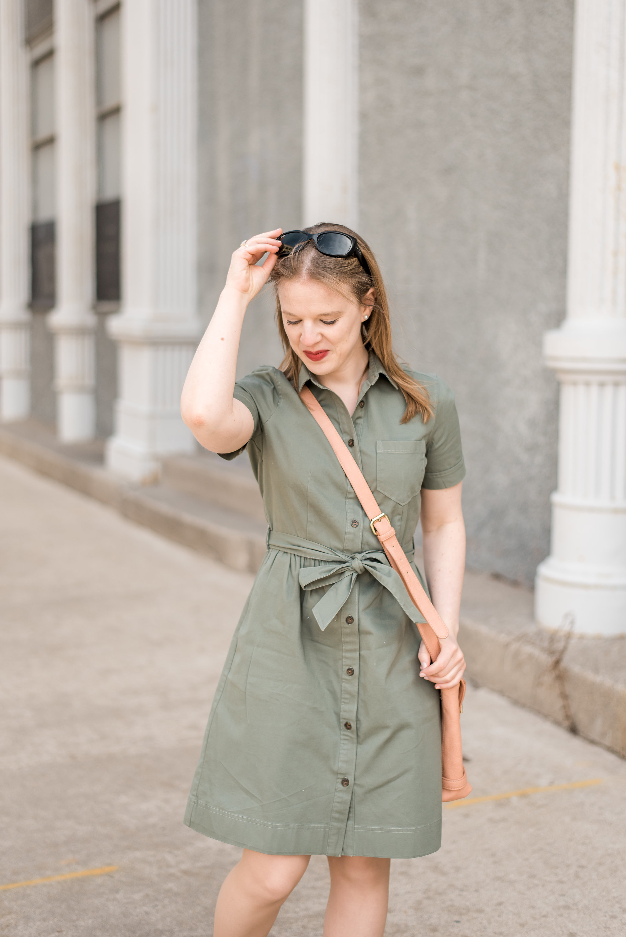 dc style fashion blogger wearing Belted shirt dress green J Crew Factory, day trip to new york