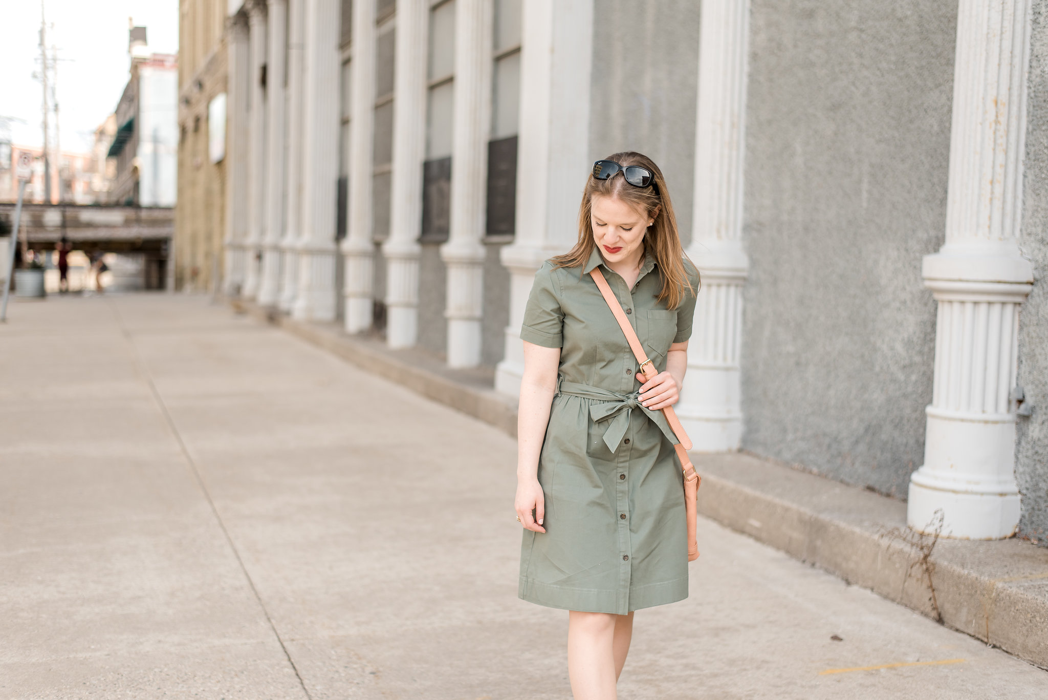dc style fashion blogger wearing Green belted shirt dress J Crew Factory