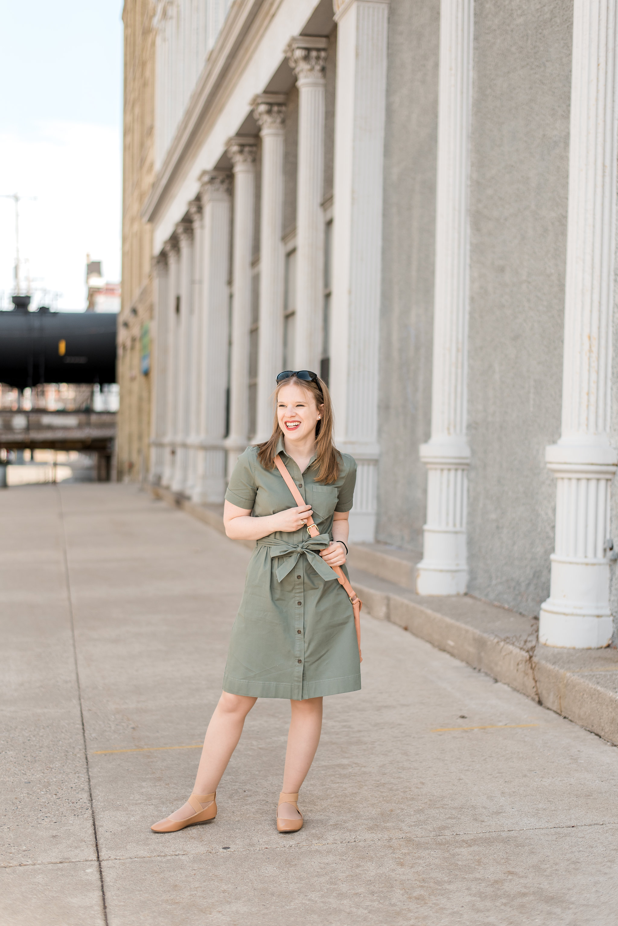 dc style fashion blogger wearing J Crew Factory belted shirt dress green