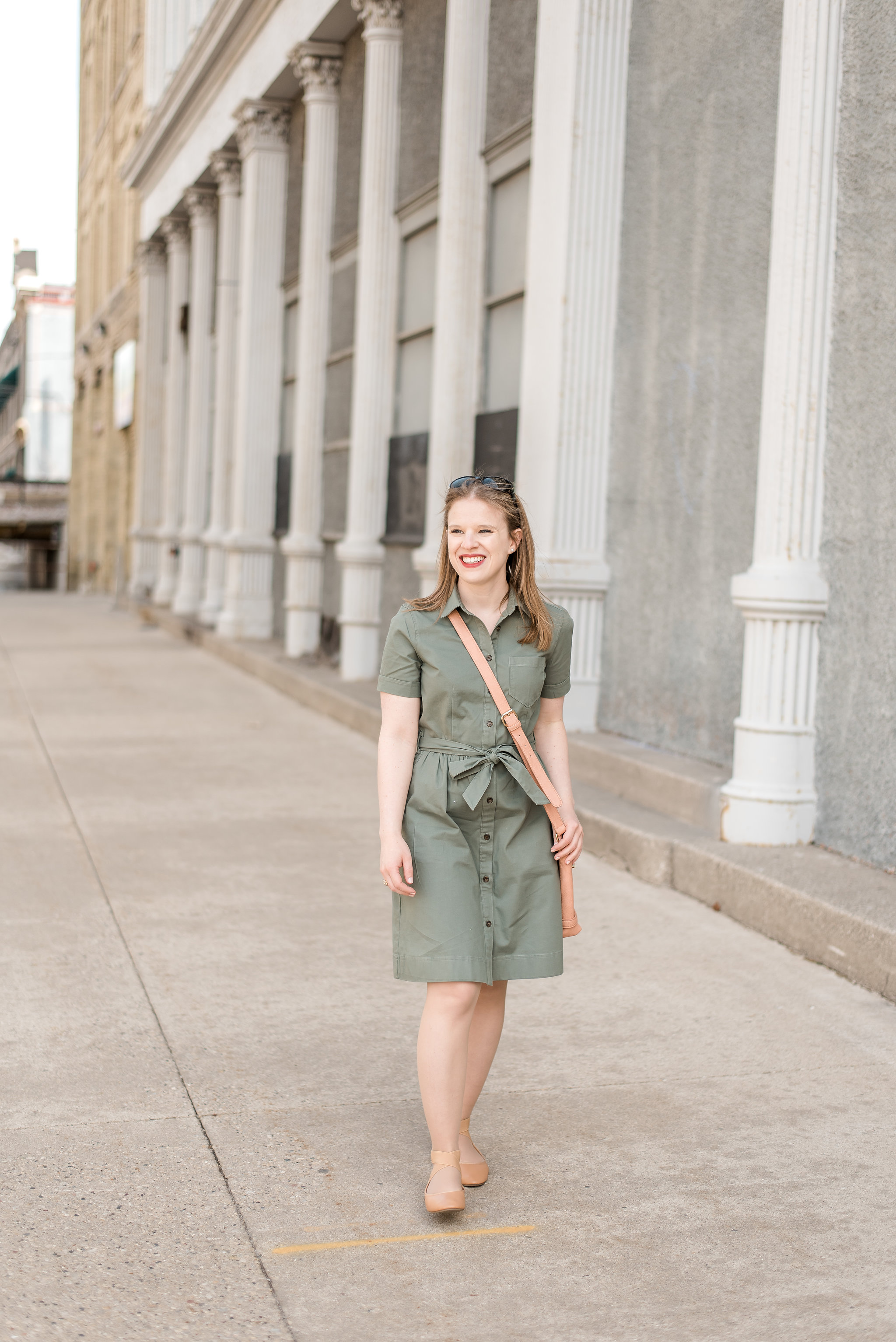 dc style fashion blogger wearing J Crew Factory green belted shirt dress