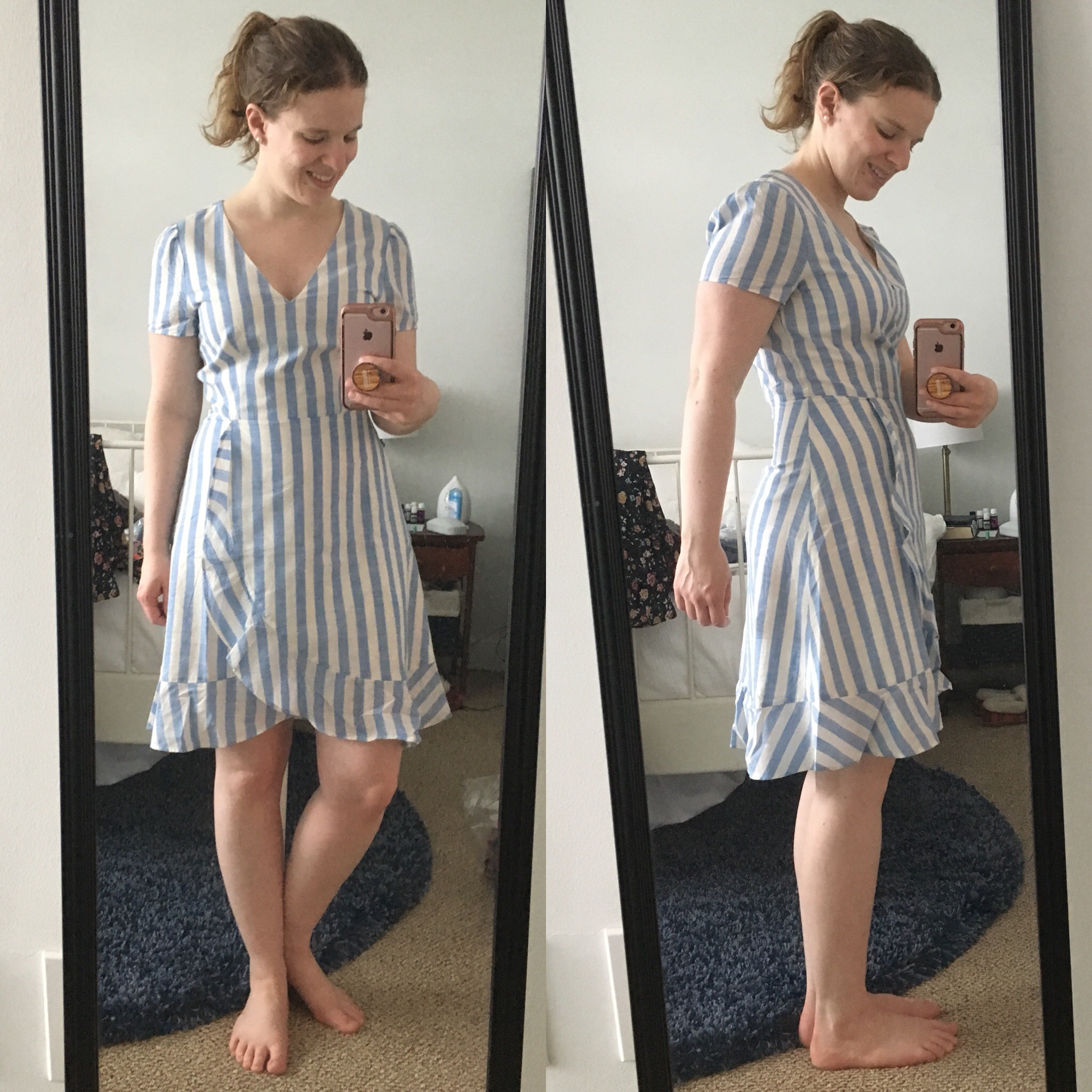 dc woman blogger wearing J.Crew Factory Striped Faux-Wrap Dress