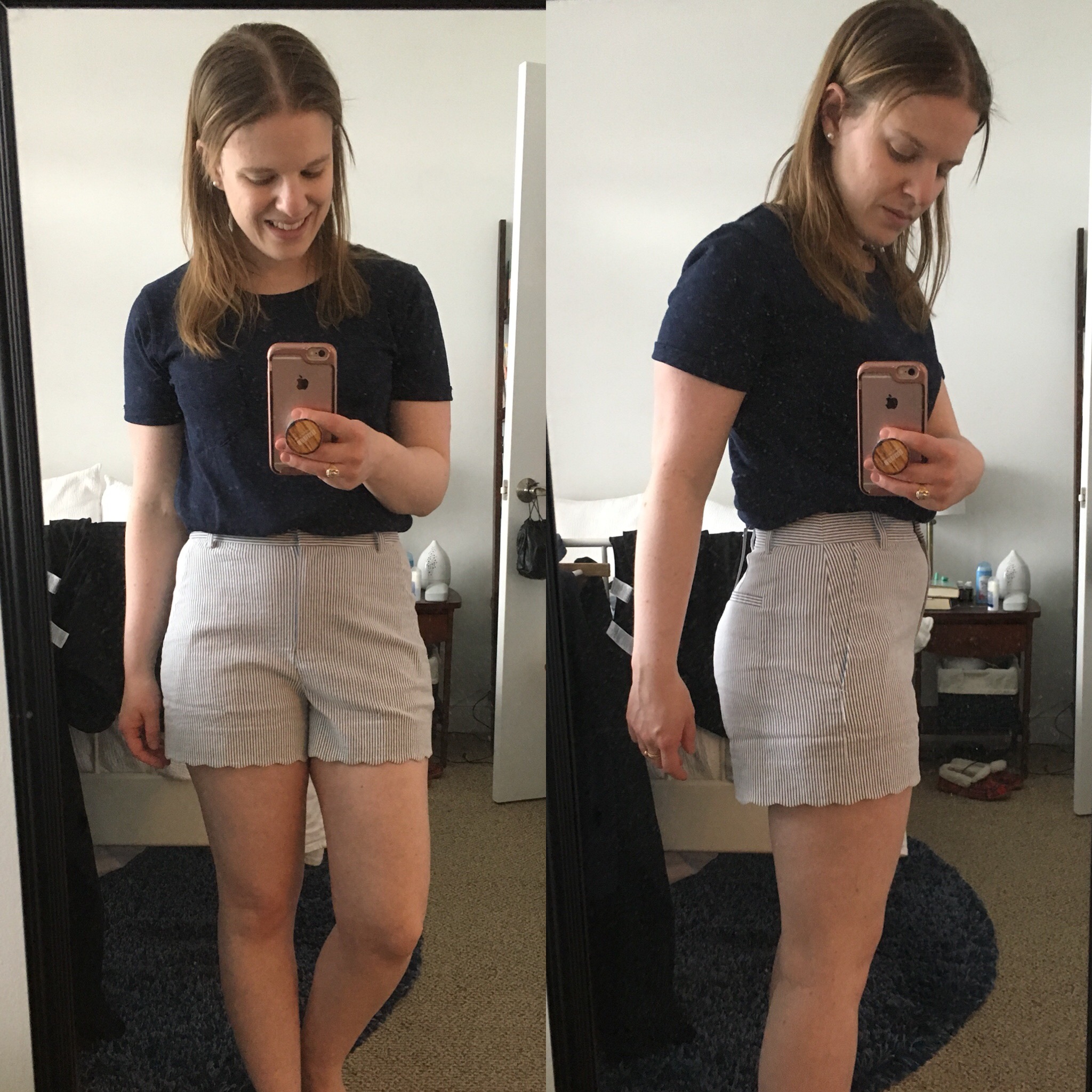 woman wearing J.Crew Fiesta Seersucker Scallop Hem Shorts