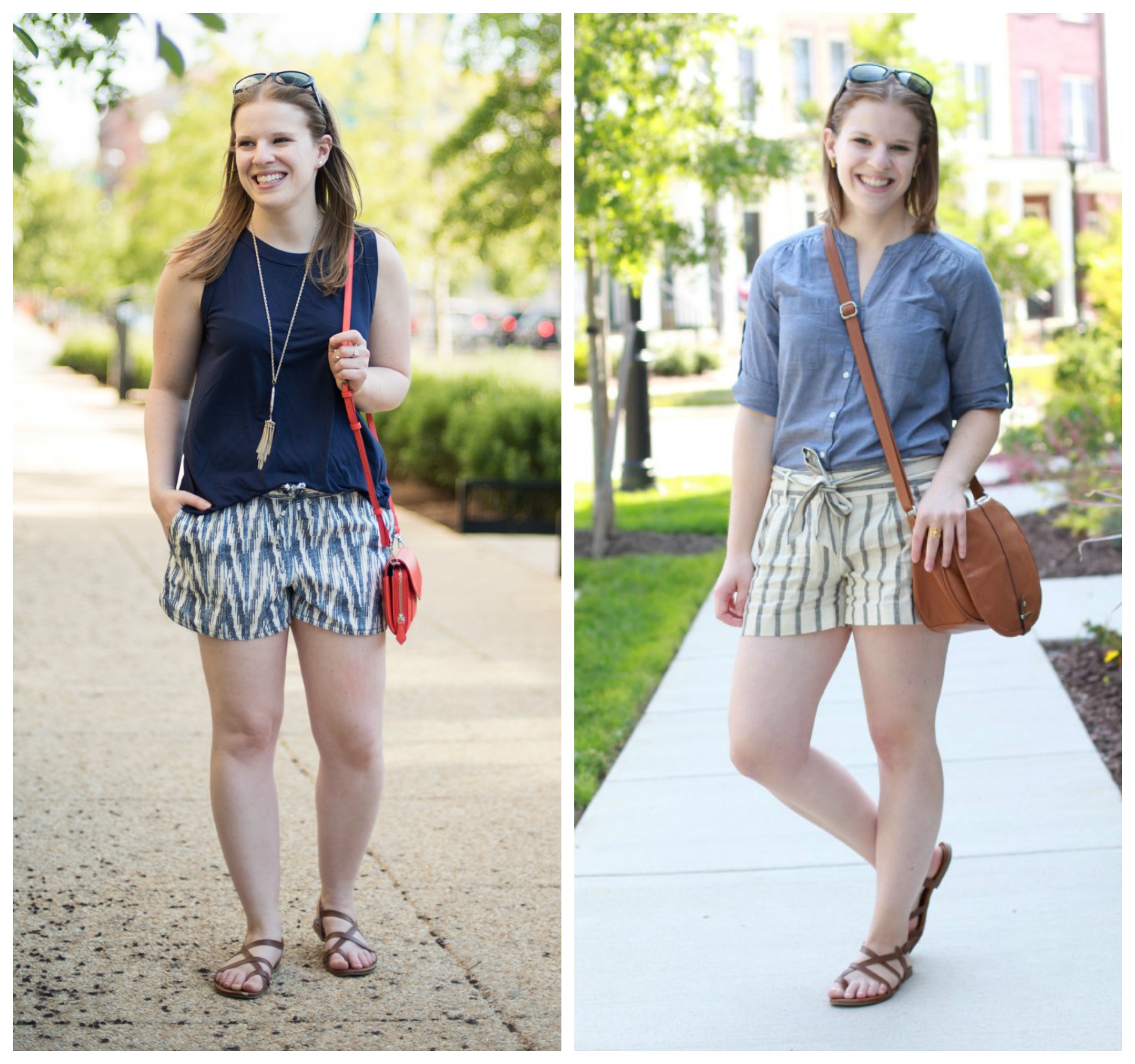dc woman style blogger wearing blue shorts, woman wearing tan striped shorts and blue top