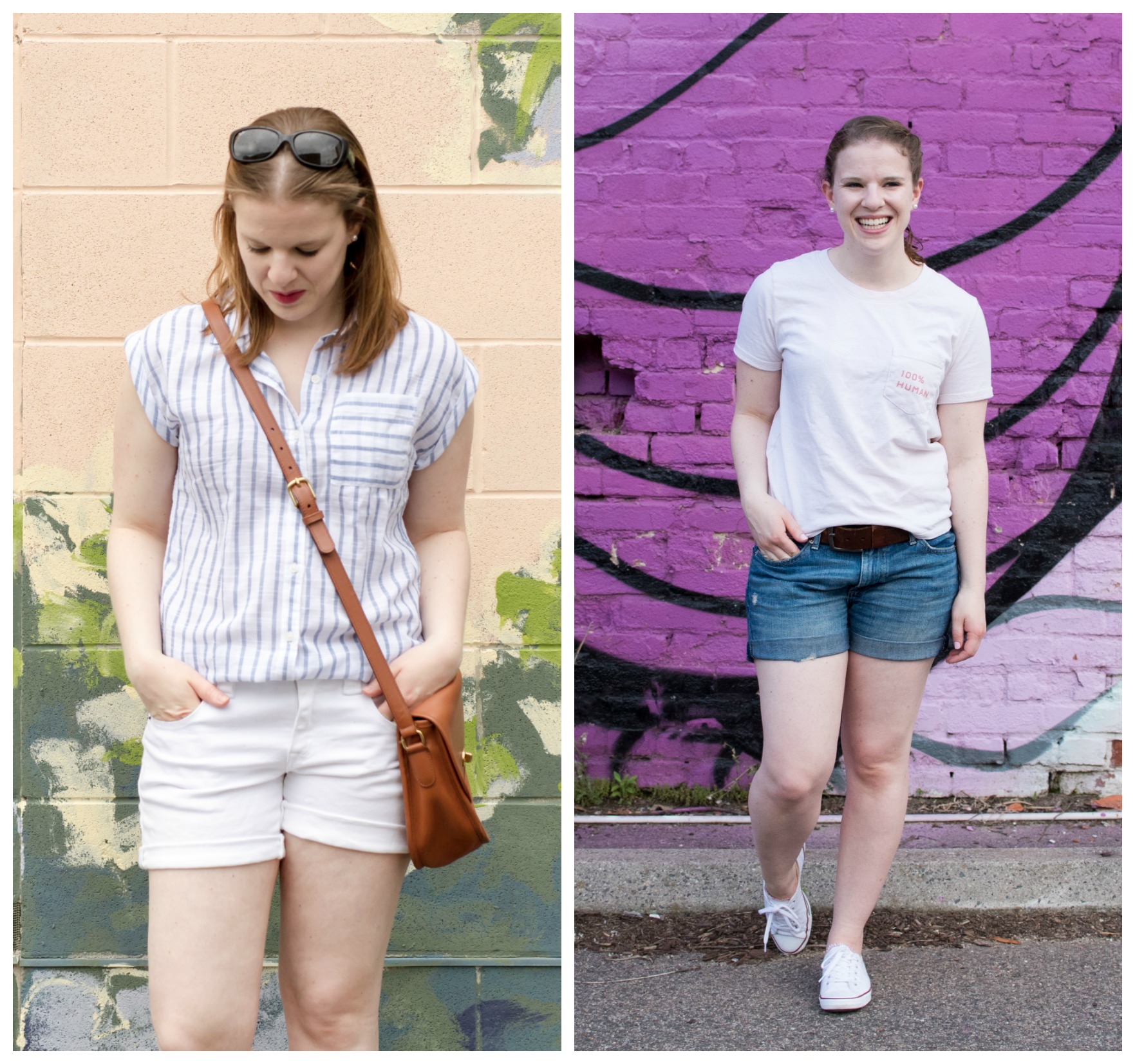 dc woman blogger wearing white shorts and striped blue top, woman wearing blue jean shorts, denim shorts