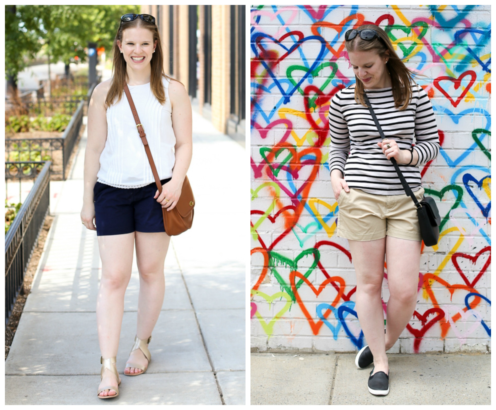 dc female style blogger wearing navy shorts, woman wearing khaki shorts and a striped top