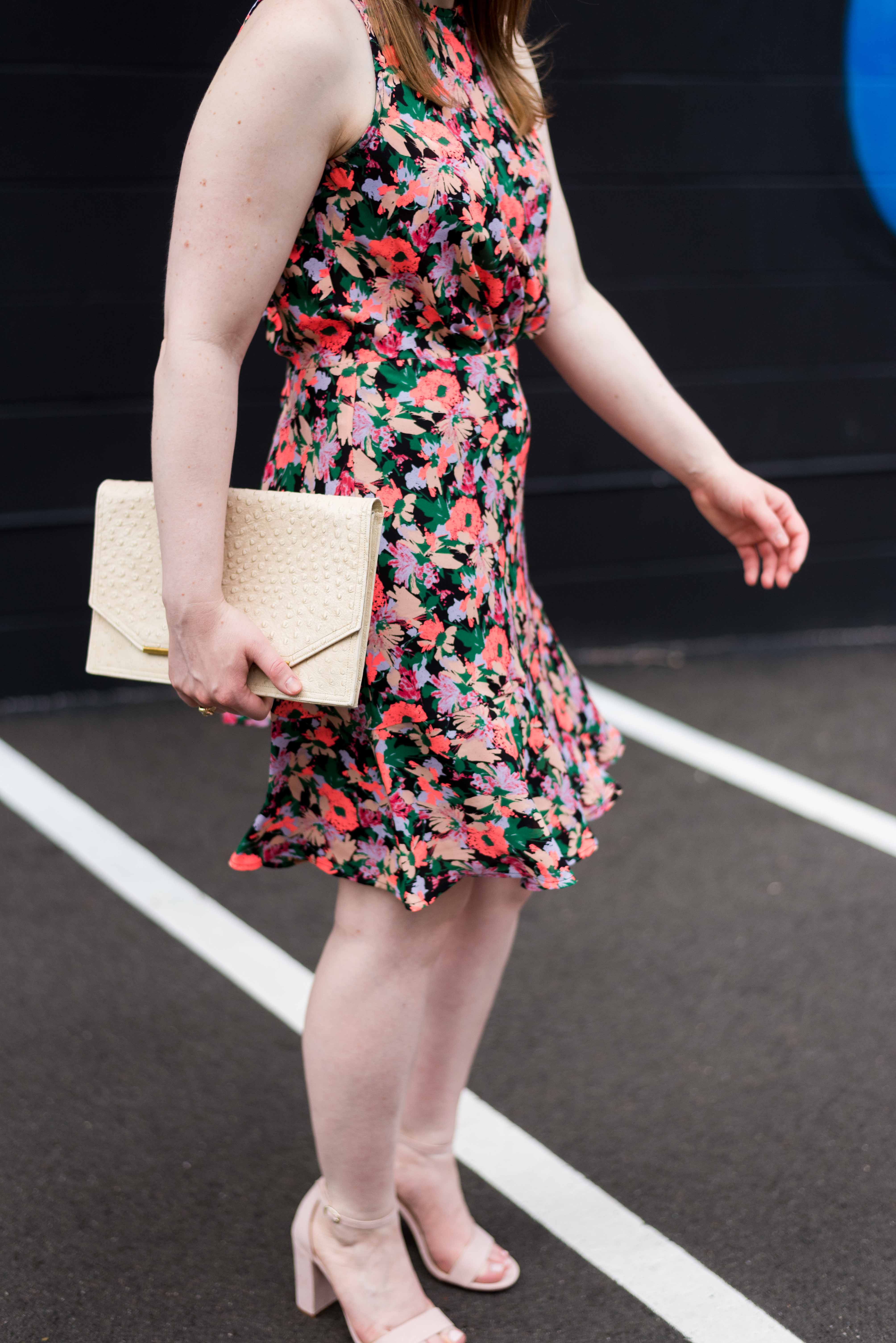 DC woman blogger wearing J.Crew Mercantile ruched-waist neon floral dress