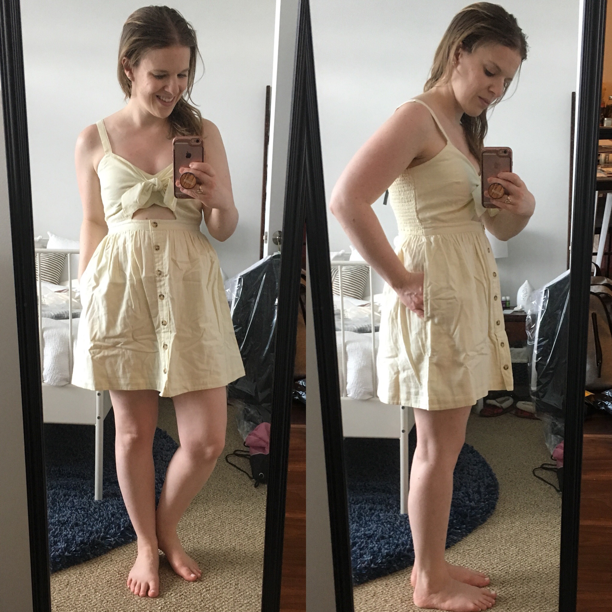 dc woman blogger wearing Abercrombie knot-front dress light yellow