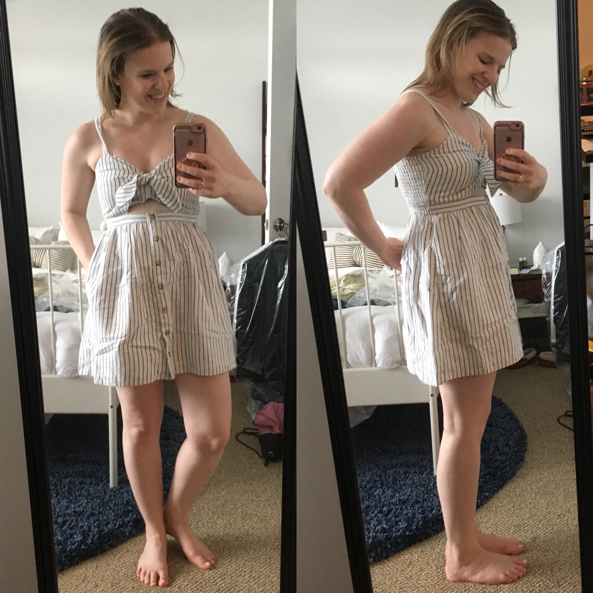 dc woman blogger wearing Abercrombie knot-front dress white stripe