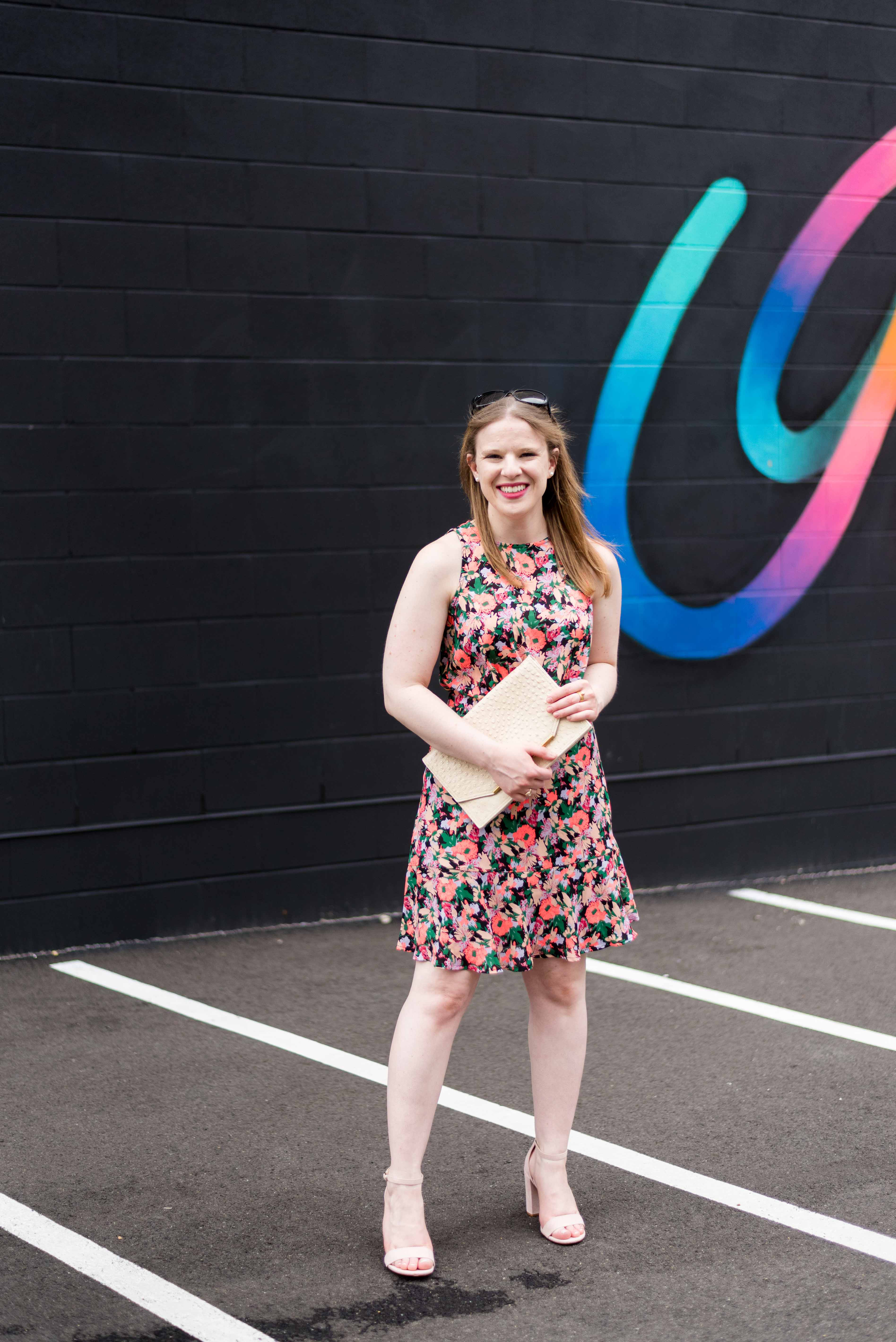 DC woman blogger wearing J.Crew Mercantile ruched-waist neon floral dress