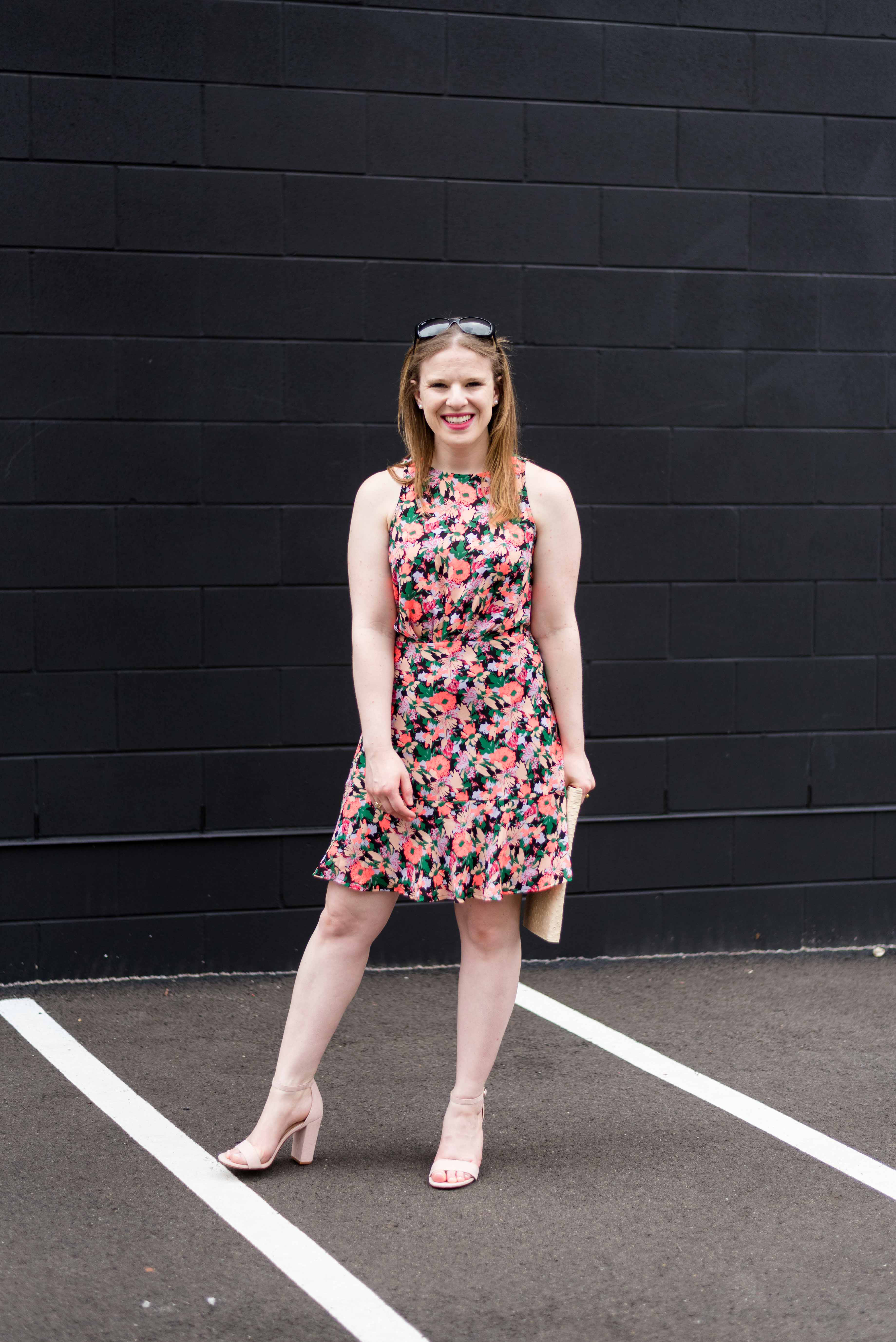 DC woman blogger wearing J.Crew Mercantile ruched-waist neon floral dress