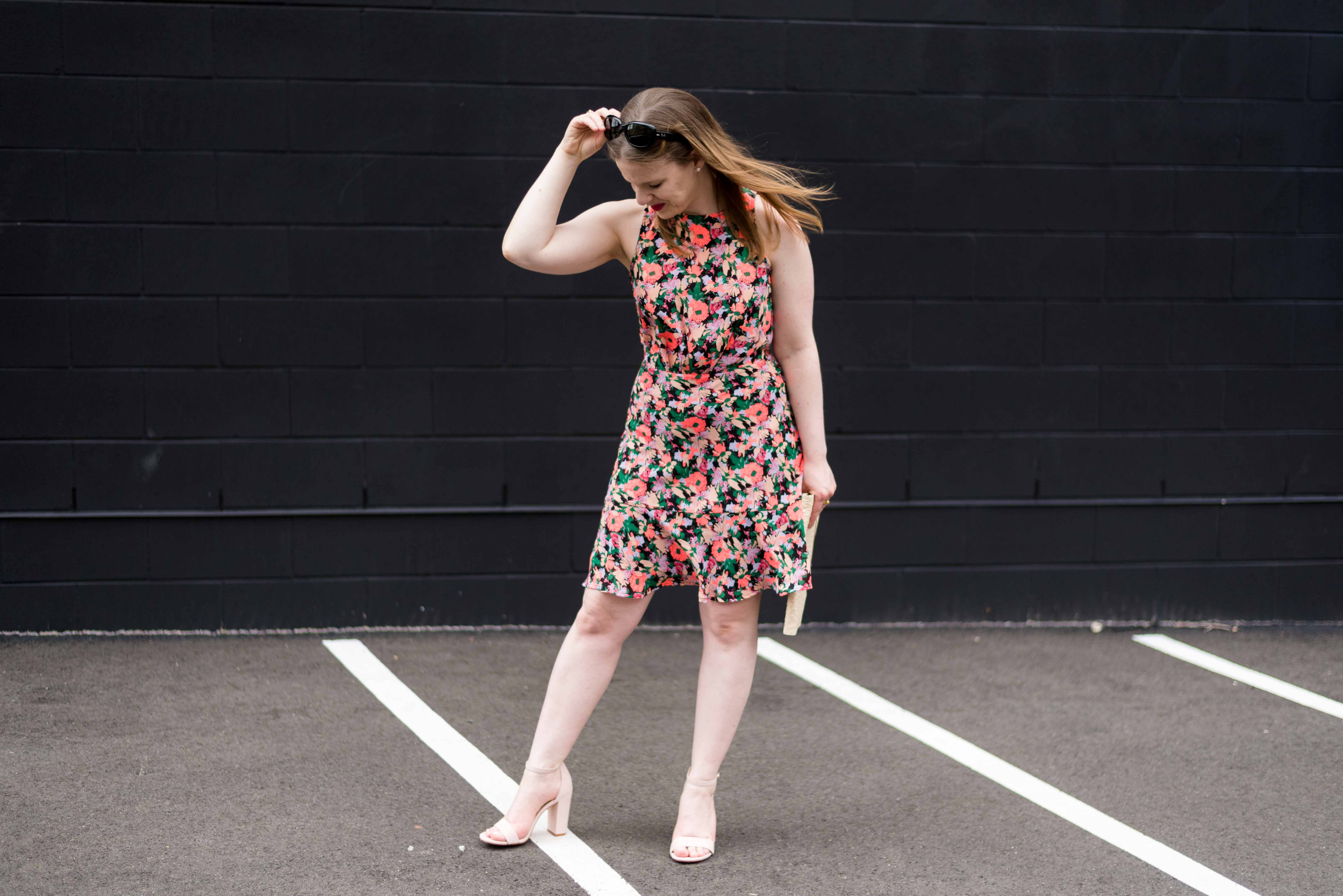 DC woman blogger wearing J.Crew Mercantile ruched-waist neon floral dress