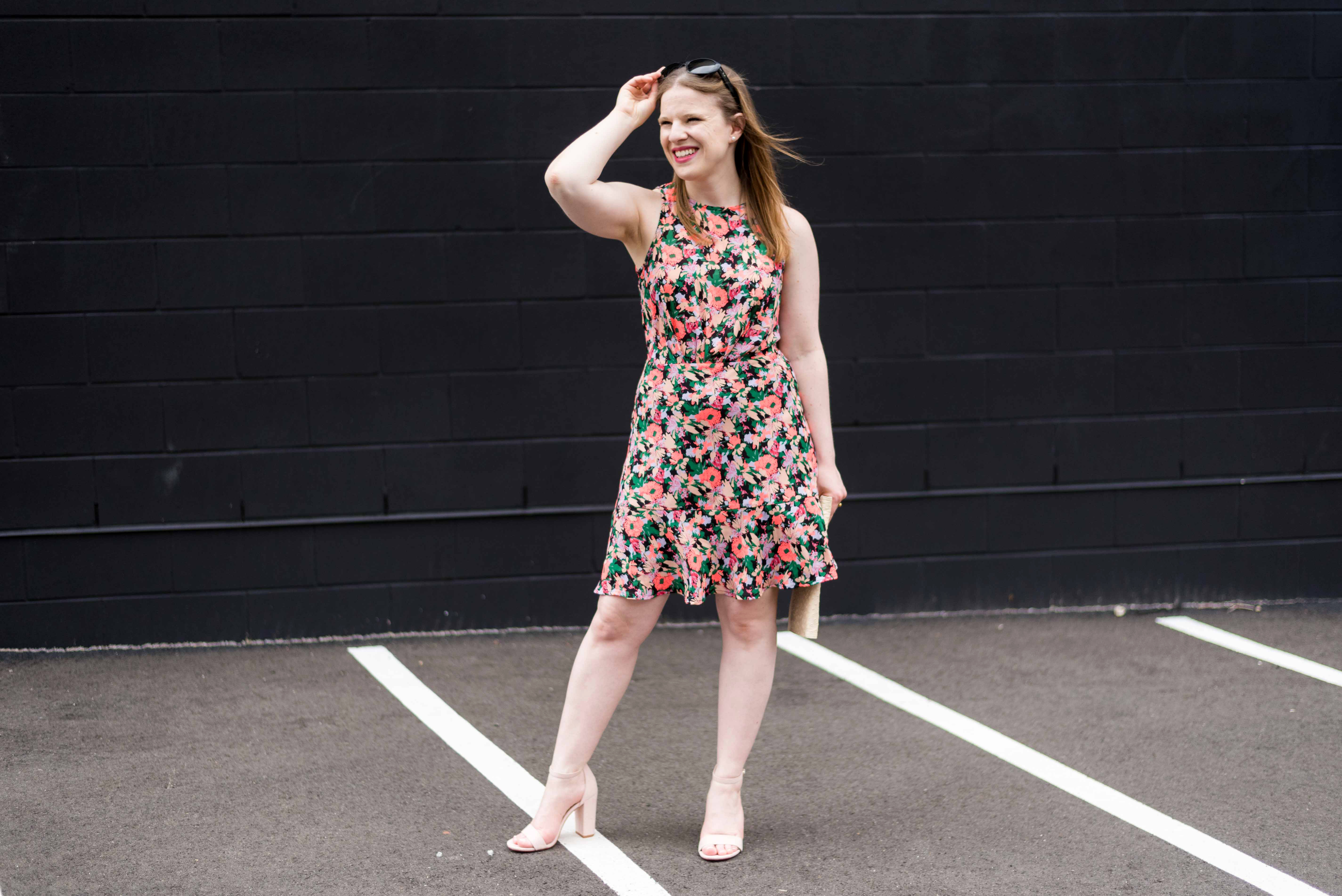 DC woman blogger wearing J.Crew Mercantile ruched-waist neon floral dress