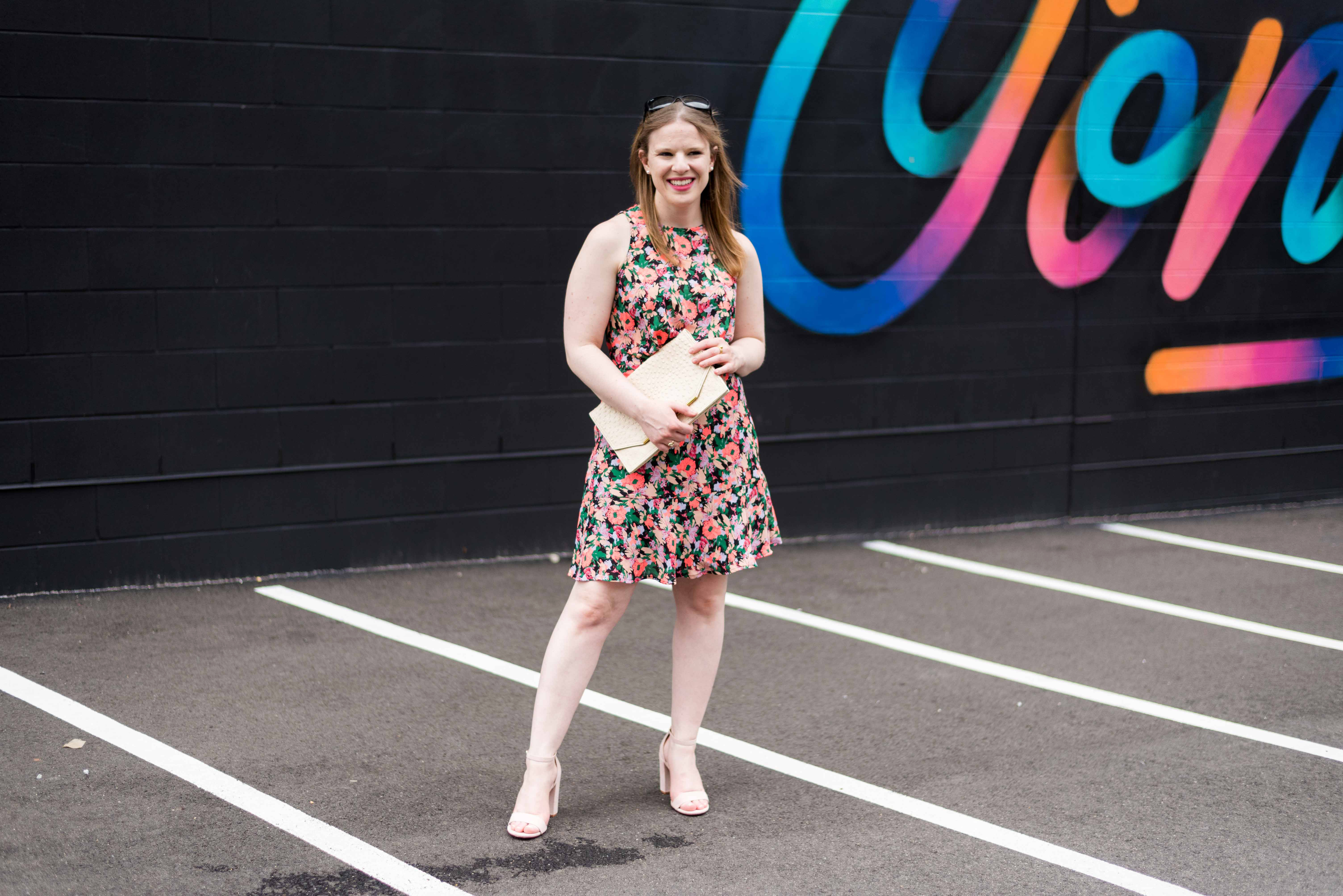 DC woman blogger wearing J.Crew Mercantile ruched-waist neon floral dress