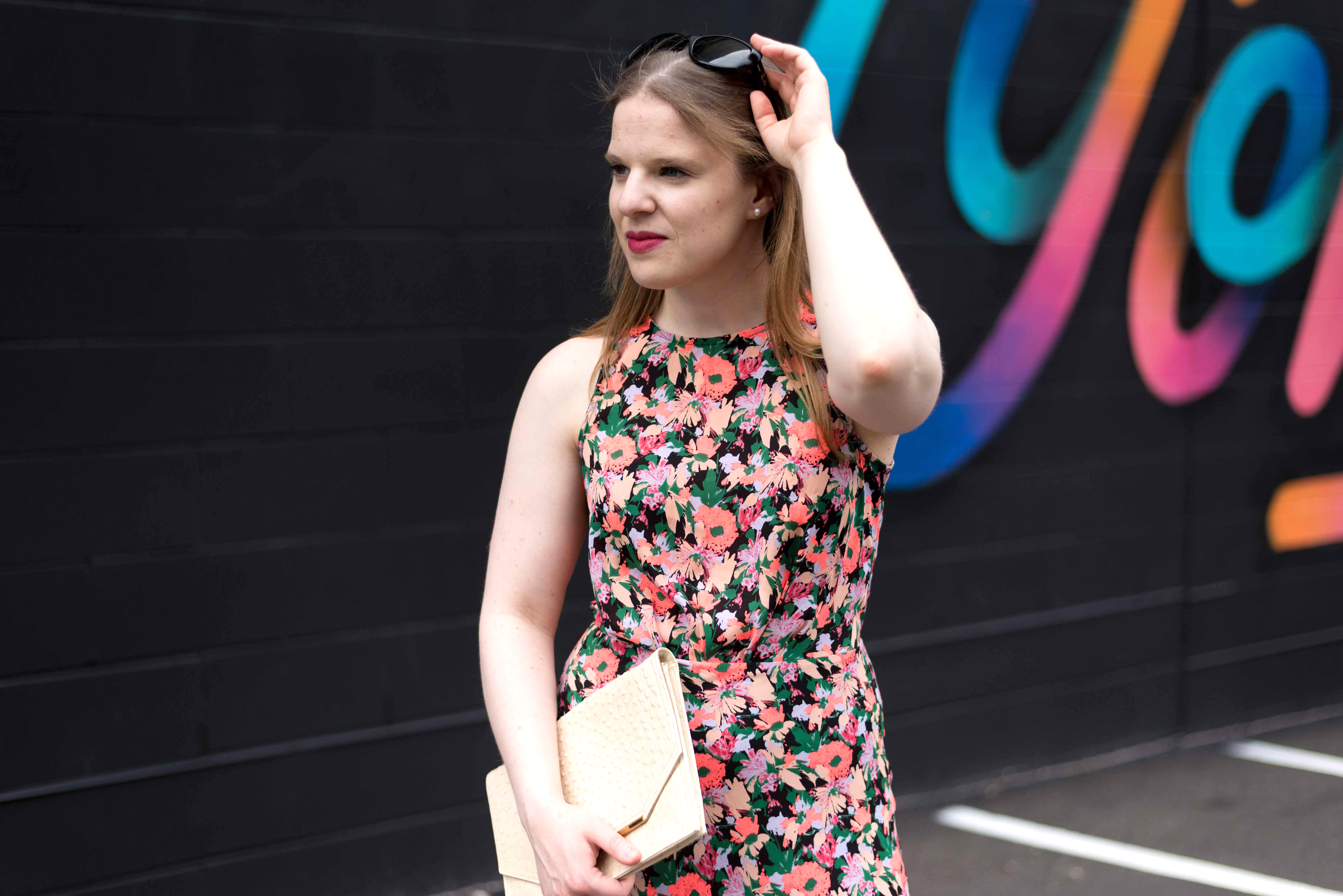 The Summer Wedding Guest Outfit Ideas You Need: Something Good Blog wearing J.Crew Mercantile ruched-waist neon floral dress